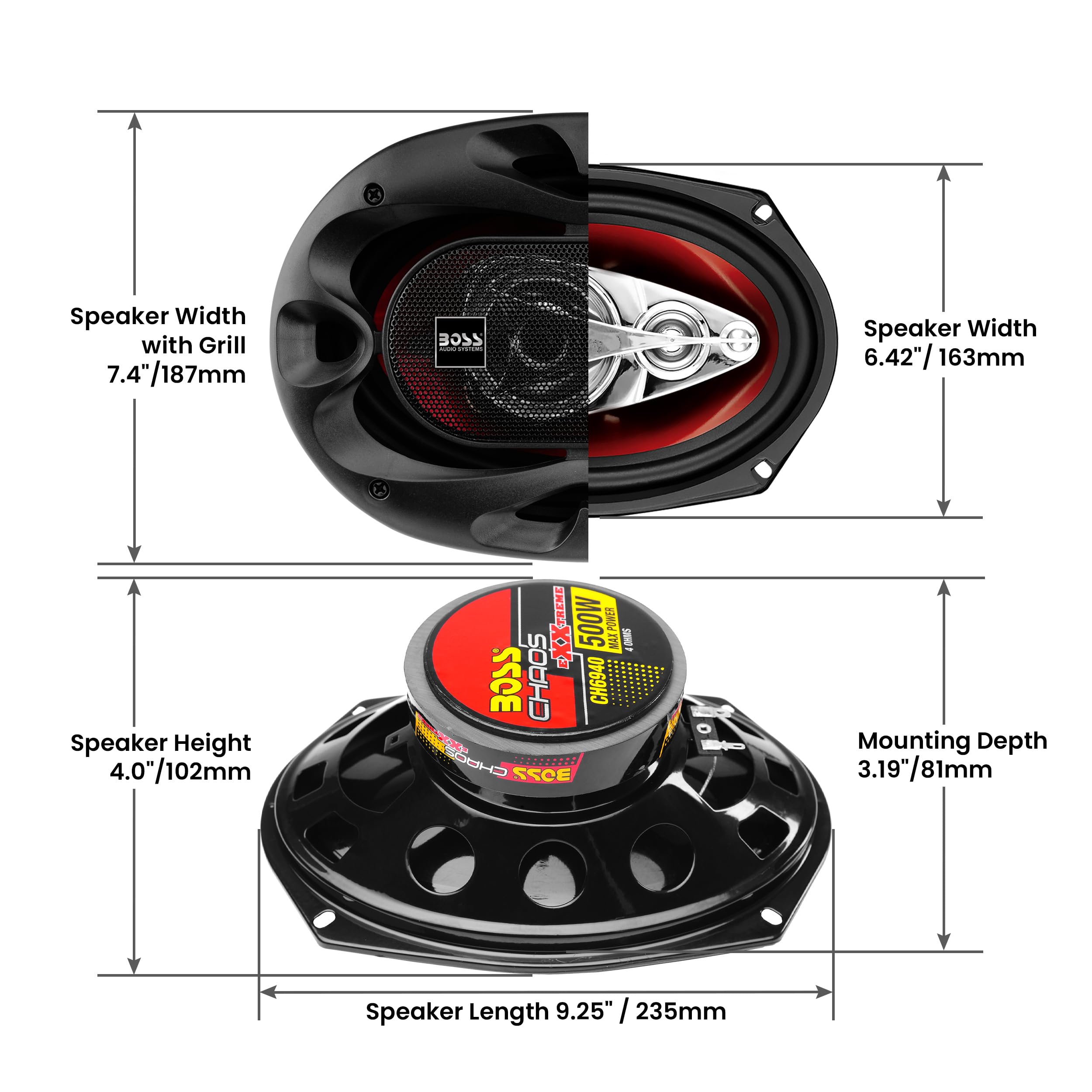 BOSS Audio CH6940 Chaos Series 6x9 Inch 500W 4-Way Coaxial Car Speakers - Premium Full Range Audio with Tweeters (Pair) - Perfect for Car Door Stereo Upgrades & Enhanced Sound Quality