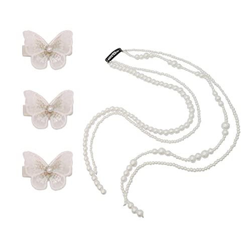 2 Pcs Pearl Hair Tassels Extension Chains - Elegant Wedding Hair Jewelry with 3 Pcs Fabric Butterfly Hair Clips for Women & Girls | Perfect for Bridal Accessories, Prom, Party and Special Occasions