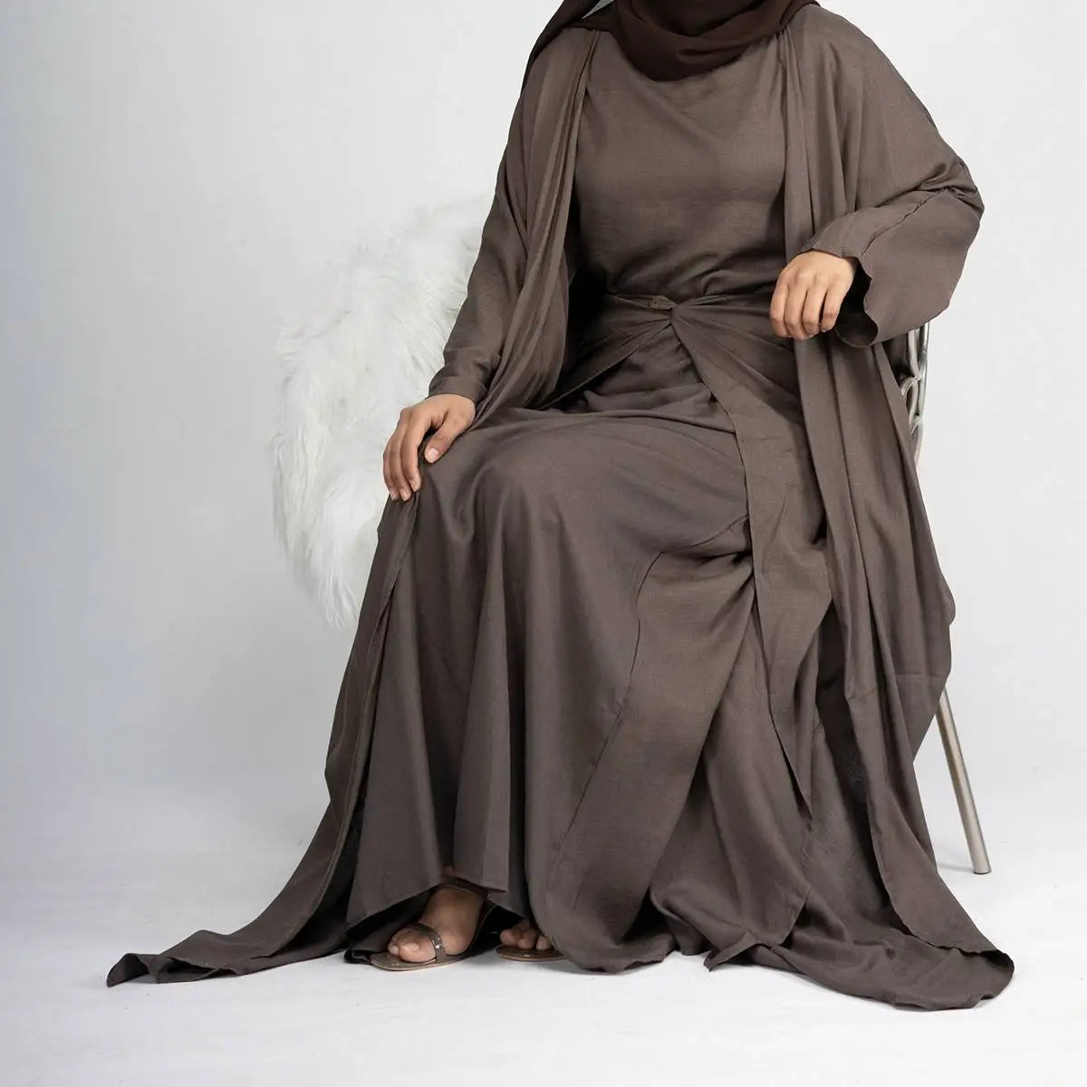 4 Piece Muslim Open Abaya Dress Set with Scarf - Modest Islamic Prayer Outfit for Women, Elegant Loose Flowing Abaya with Mid Wrap & Inner Dress - Perfect for Mosque, Eid, Ramadan & Special Occasions