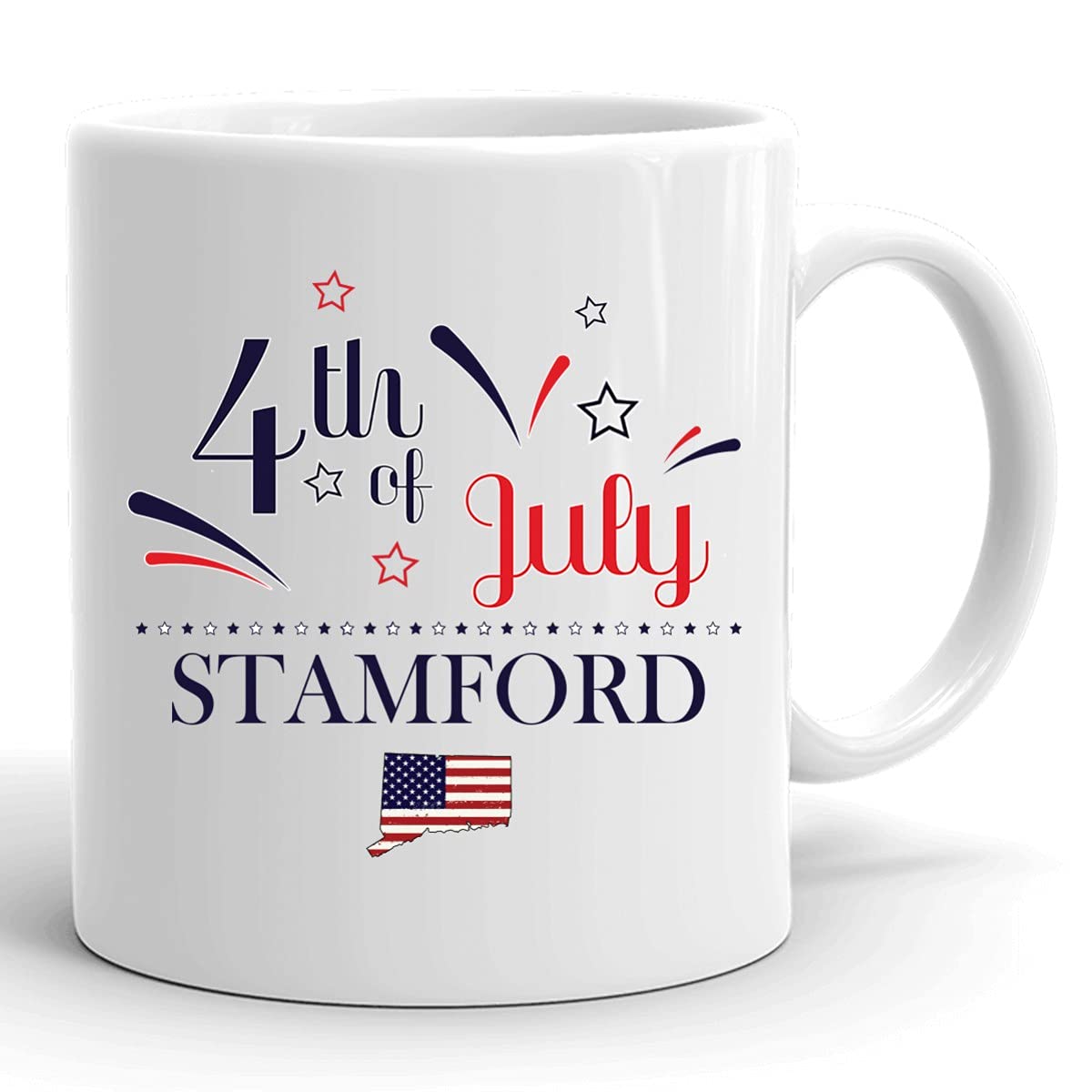 Personalized 11oz White Coffee Mug - Custom USA Flag Design with Any City/State (Stamford Connecticut) - Happy 4th of July Independence Day Gift - Perfect for Home, Office & Patriotic Celebrations