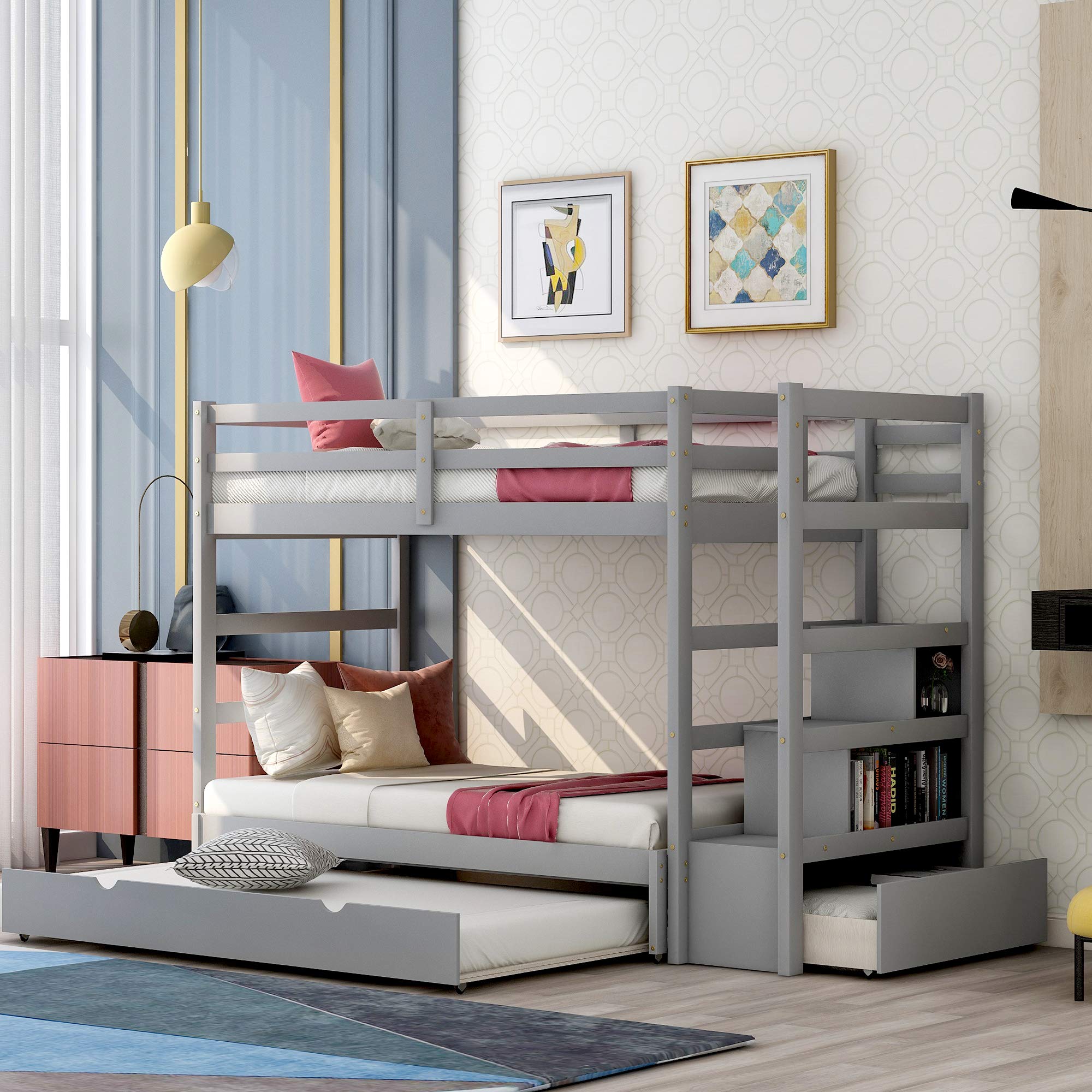 **Solid Wood Twin Over Twin/King Bunk Bed with Trundle & Storage Staircase - Kids & Teens Bunk Bed with Side Shelves & Drawer, No Box Spring Needed (Gray) - Perfect for Small Bedrooms, Guest Rooms & Vacation Homes**