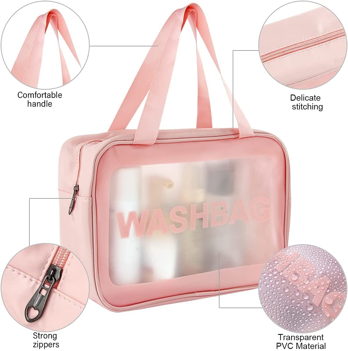 Waterproof PVC Clear Toiletry Bag for Women & Men - Travel Makeup Cosmetic Organizer with Zipper, Portable Carry Pouch (Set of 2 Pink Bags) - Perfect for Gym, Travel, and Daily Essentials Storage