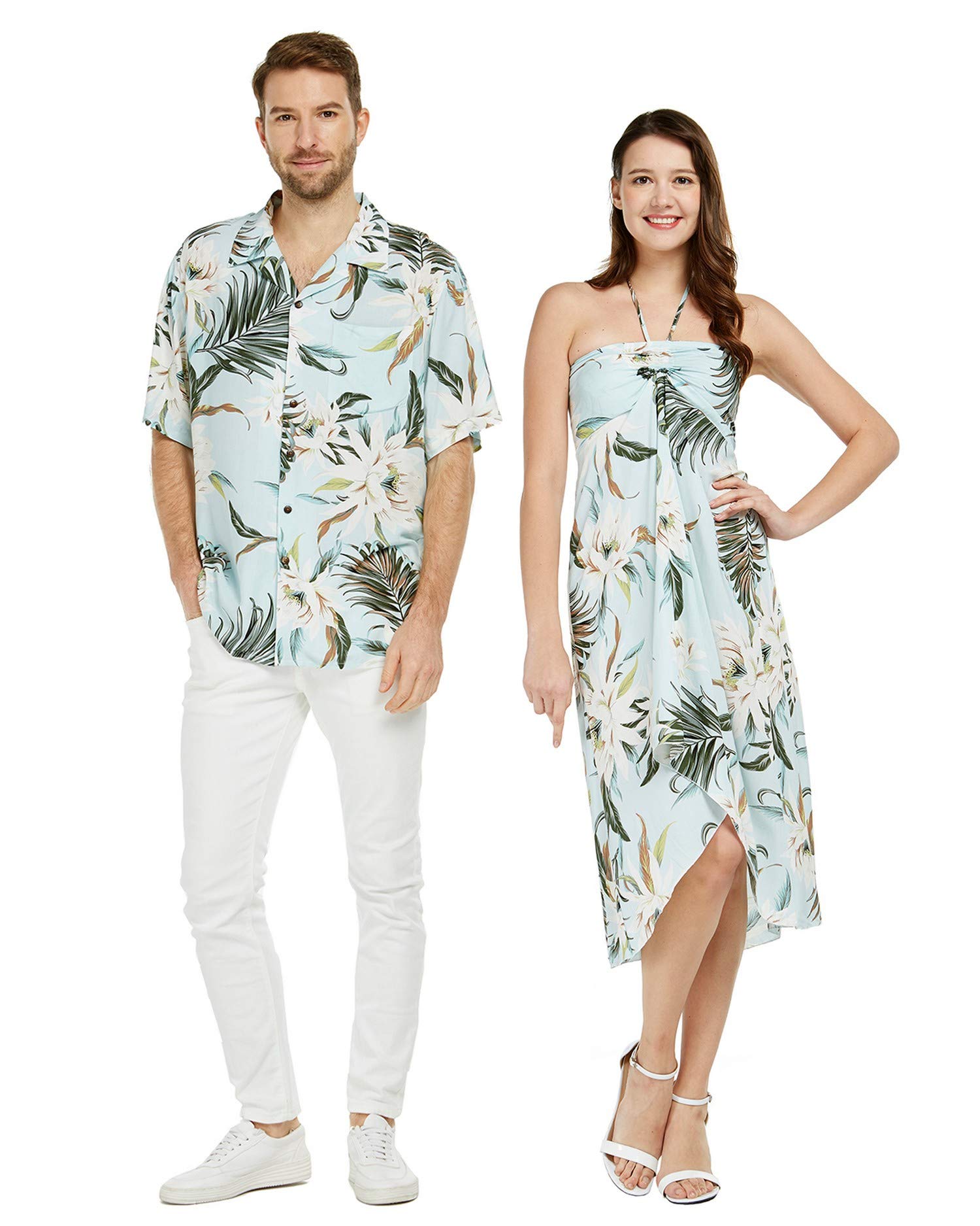 Hawaiian Luau Party Matching Couple Outfit Set - Cream Rafelsia Aloha Shirt & Dress for Beach Vacation, Summer Party, and Tropical Theme Events