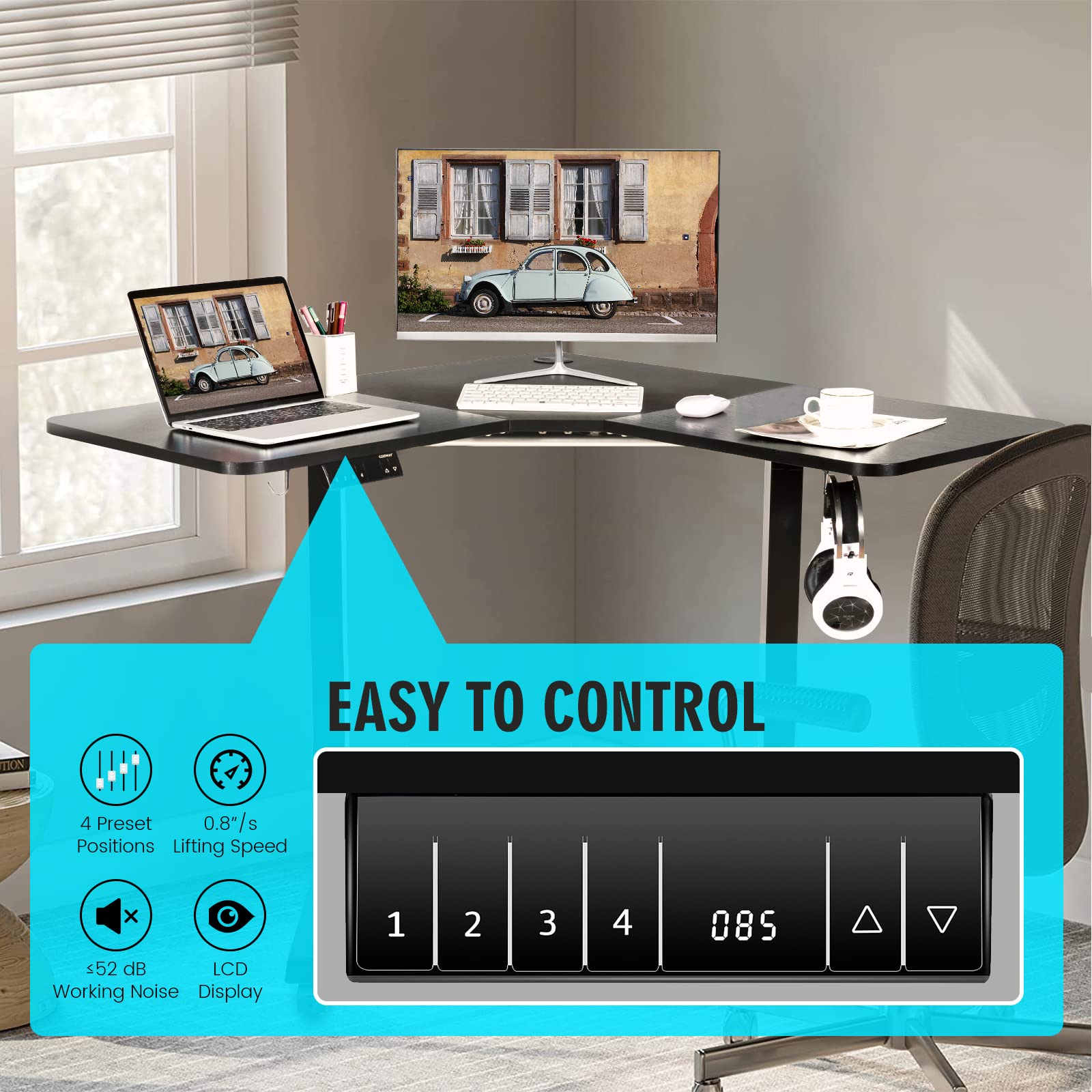 COSTWAY L-Shaped Electric Adjustable Standing Desk with Splice Tabletop - 4 Memory Positions, 2 Hooks & Rolling Casters - Ergonomic Sit Stand Corner Desk for Home Office (Black) | Perfect for Remote Work, Gaming Setup & Small Workspaces