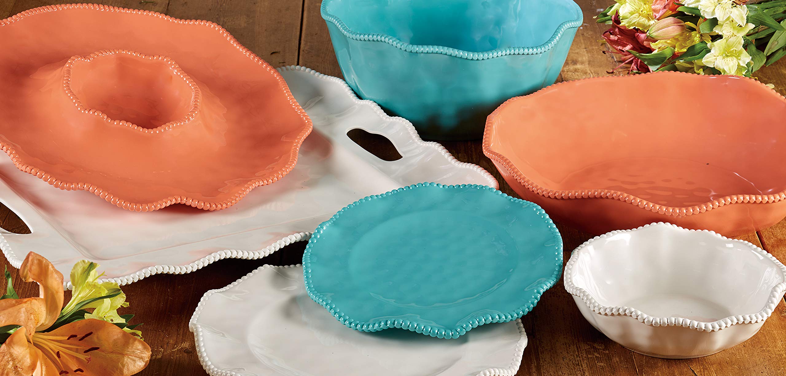 Certified International Perlette Teal Dinnerware Set - Elegant Porcelain Plates, Bowls & Cups for Indoor/Outdoor Dining, Parties & Everyday Use