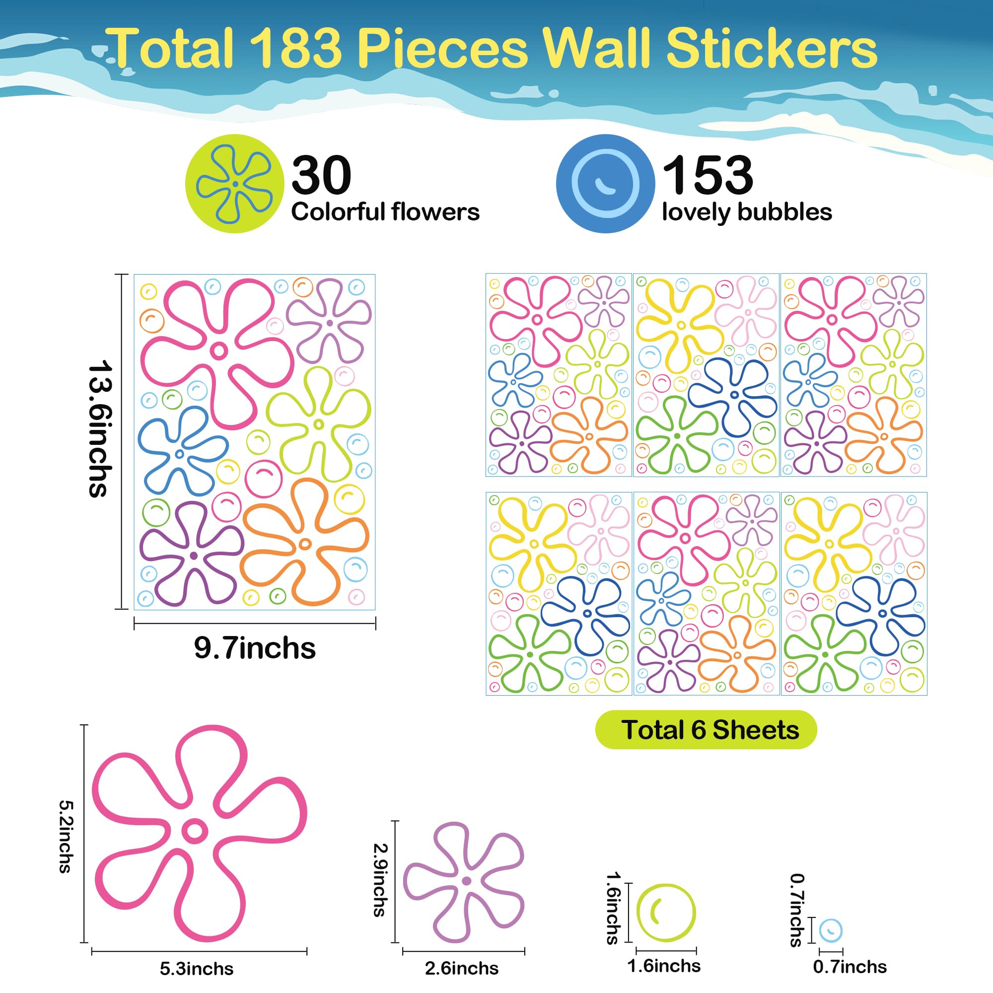 Dripykiaa 183-Piece Underwater Bikini Flowers & Bubbles Wall Decals - Ocean Theme Birthday Party Decorations, Removable Wall Stickers for Bedroom, Bathroom, Kids Room - Perfect for Boys, Girls, Teens & Adults Home Decor