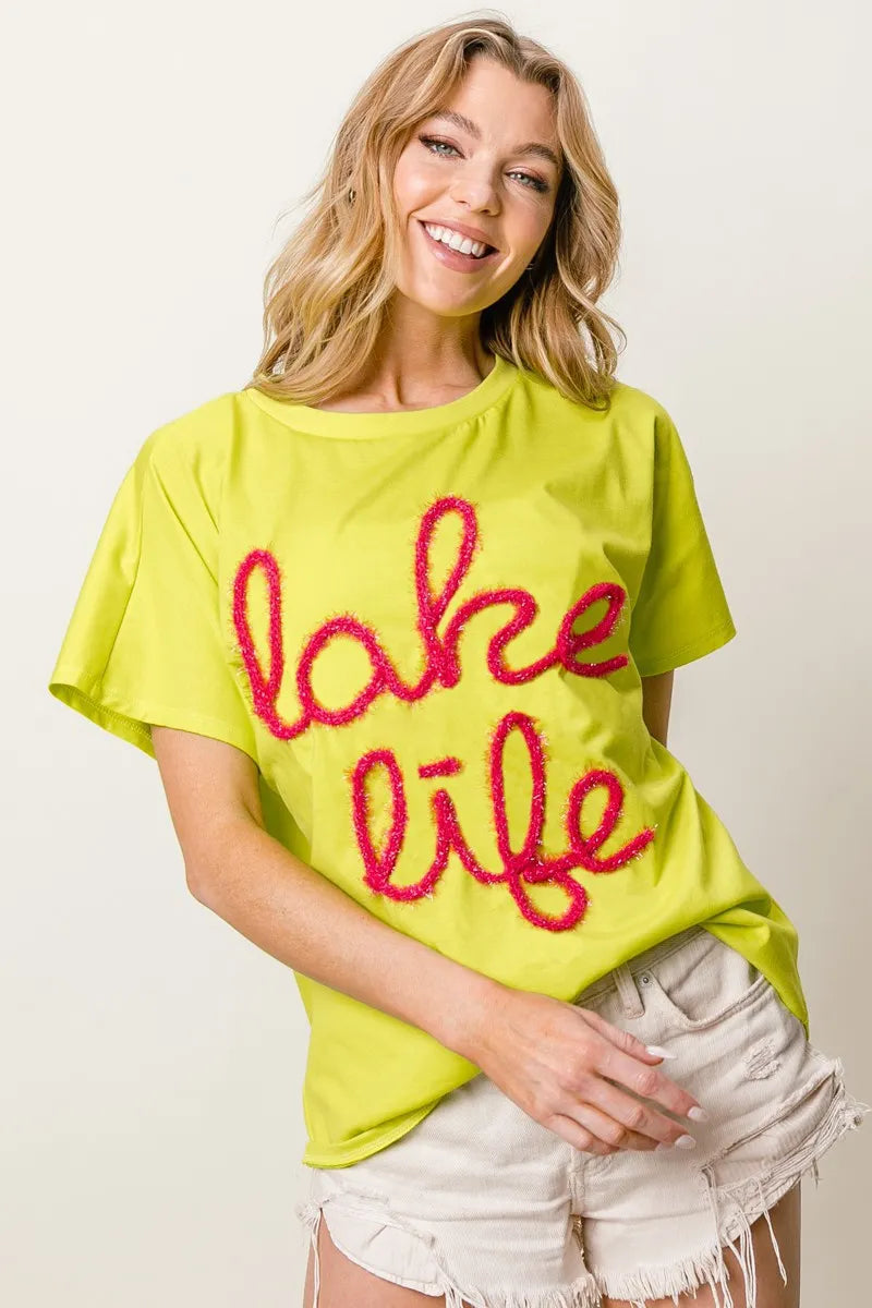 BiBi Metallic Letter Short Dolman Sleeve T-Shirt | Women's Fashion Casual Top for Streetwear & Night Out