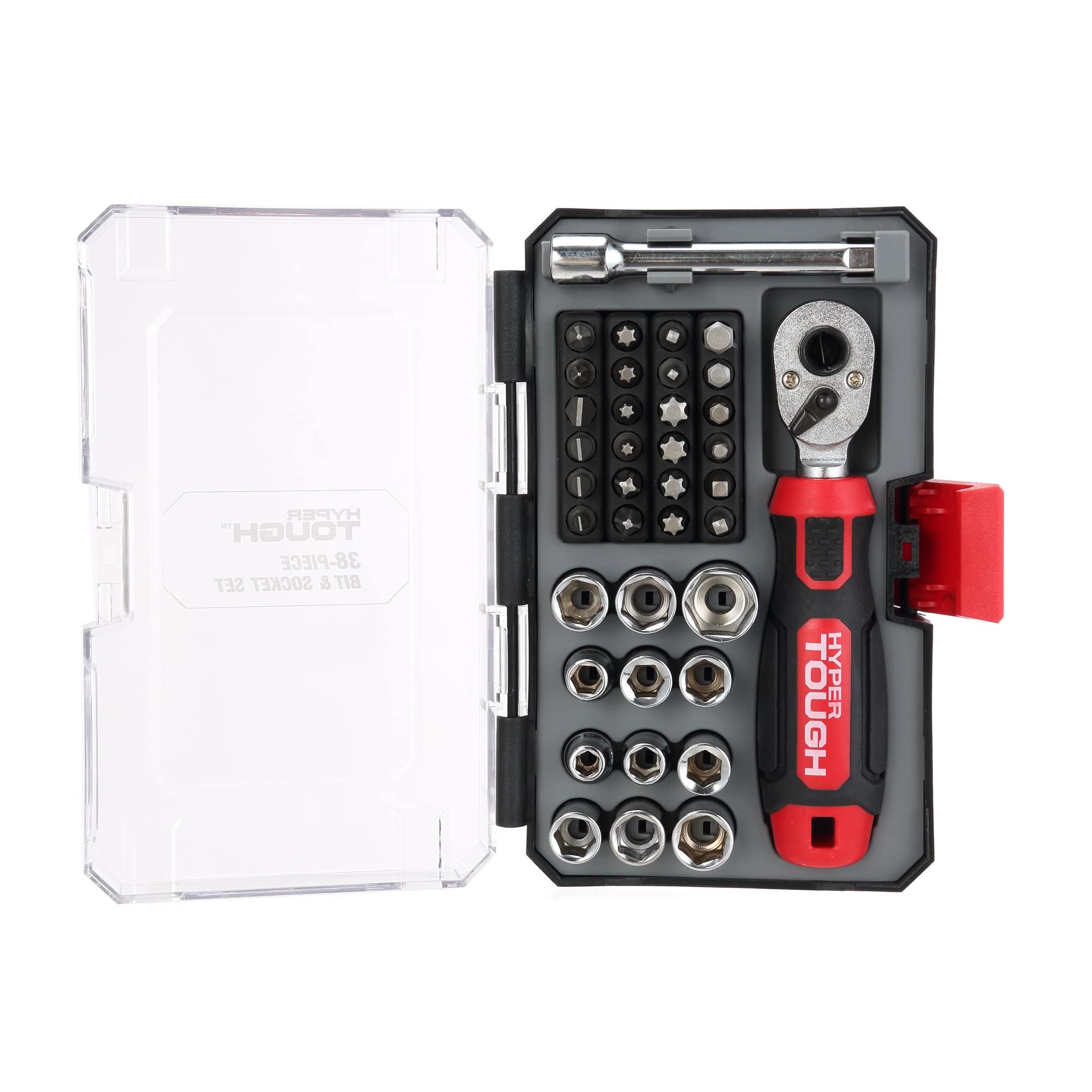 Hyper Tough 38-Piece SAE & Metric Socket and Screwdriver Bit Set with Ratchet Wrench & 3-in Extension Bar - Perfect for Automotive Repair, Home Improvement, and DIY Projects
