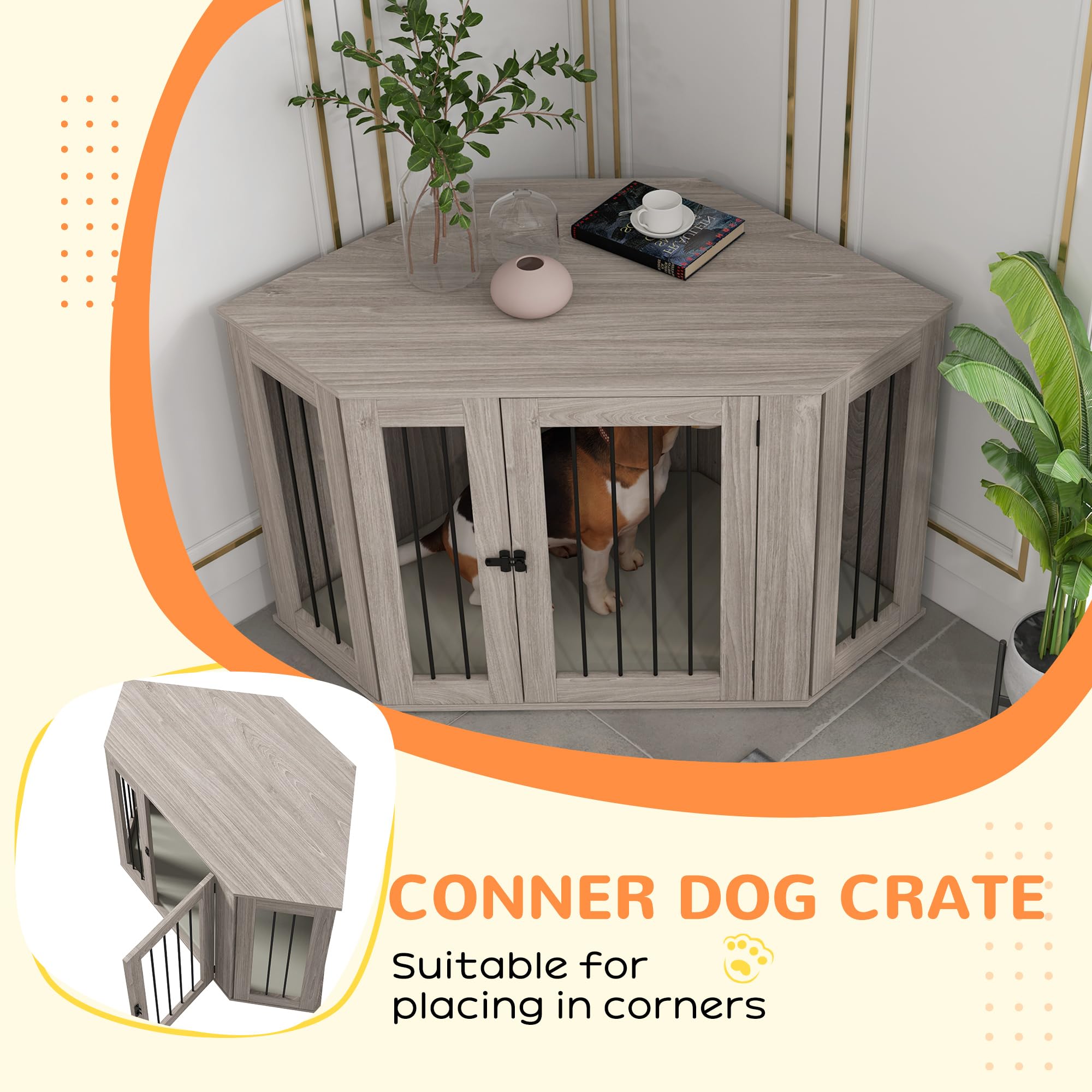 PawHut Wooden Dog Crate Furniture - Corner End Table Kennel with Cushion for Large Dogs | Indoor Pet Cage in Walnut Brown | Perfect for Living Room, Bedroom & Home Decor