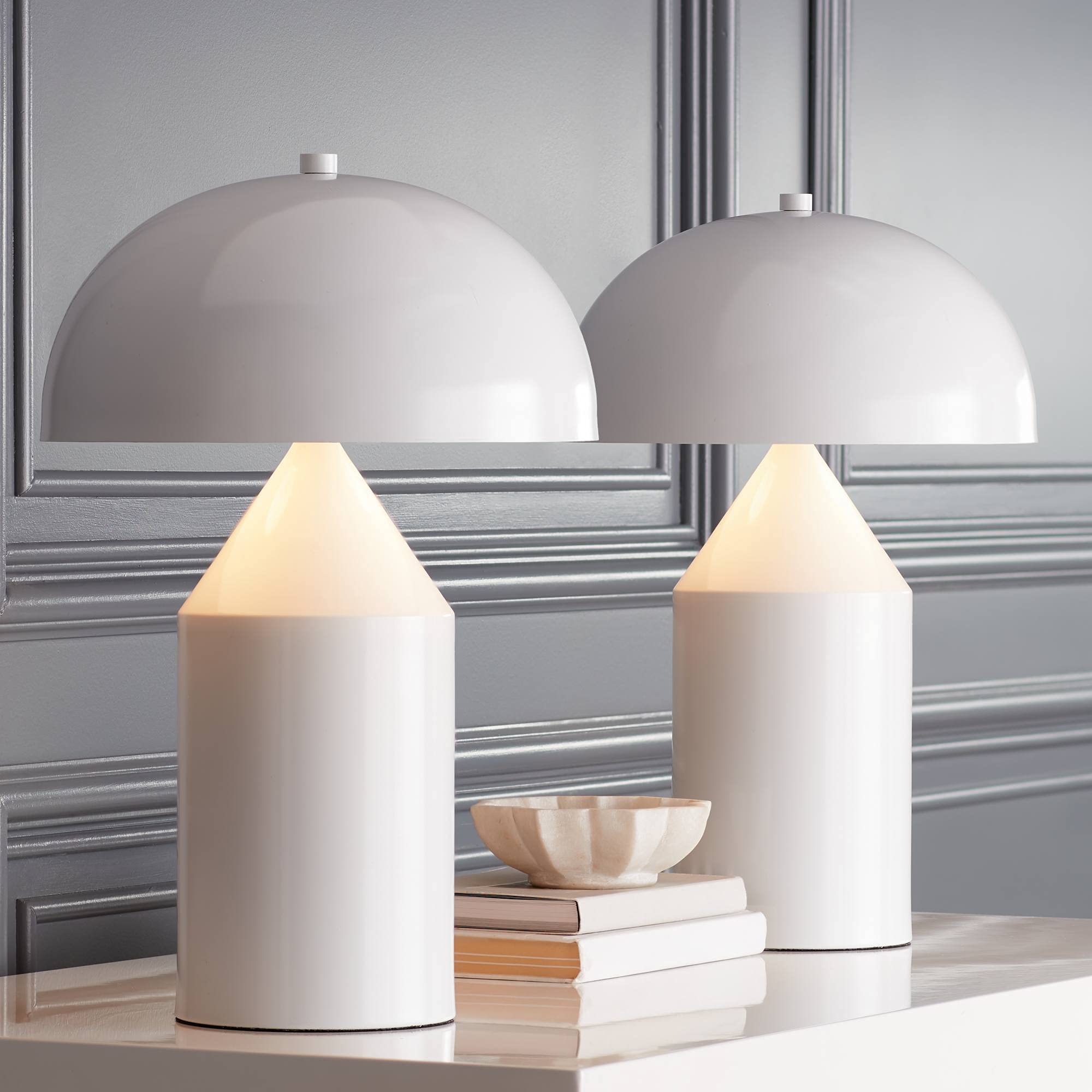 360 Lighting Felix Modern Cottage Accent Table Lamps - Set of 2 White Tapered Geometric Metal Mushroom Dome Shade Lamps (19
