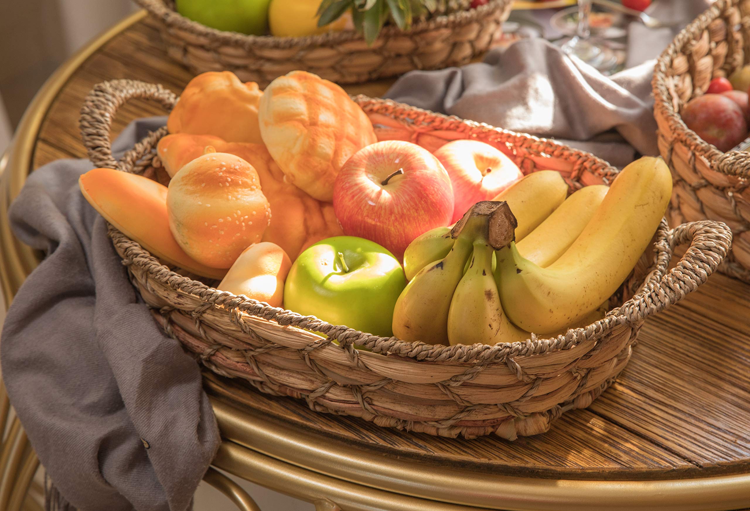 Vintiquewise Seagrass Fruit Basket with Handles - Set of 4 Medium Bread Storage Trays | Perfect for Kitchen Countertop, Dining Table, Picnic & Farmhouse Decor