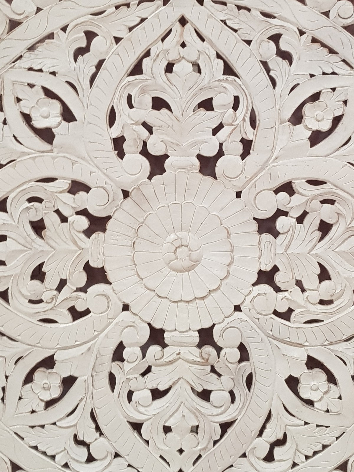 Hand Carved Indian Solid Wood Bed Panel - Floral Design, White Wash Finish (200x200cm) for Master Bedroom & Guest Room Decor