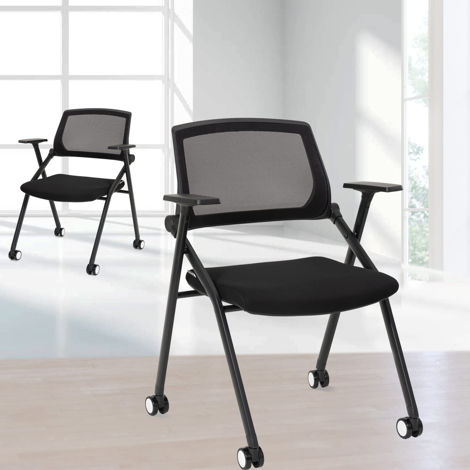 VACYOVKE 2 Pack Foldable Mesh Office Chairs with Wheels - Mid Back Ergonomic Stacking Conference Chairs for Home Office, School, Remote Learning & Waiting Rooms (Black) | Perfect for Small Spaces & Guest Seating