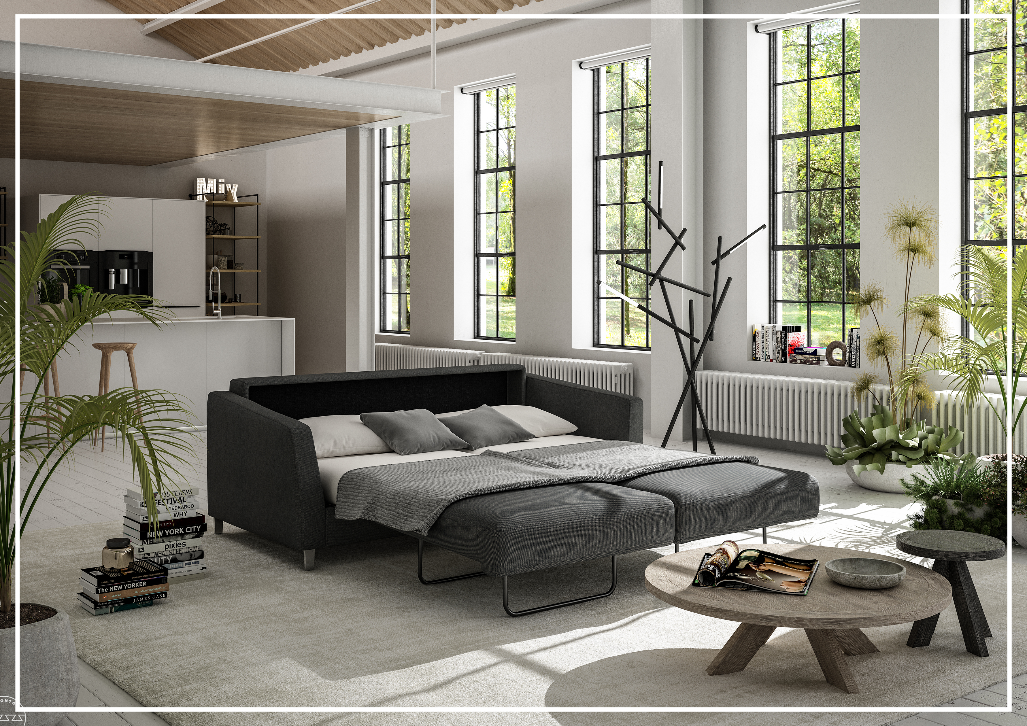 Luonto Monika Fabric Queen Sleeper Sofa with Wood or Chrome Legs - Convertible Sofa Bed for Small Spaces, Guest Rooms & Apartments