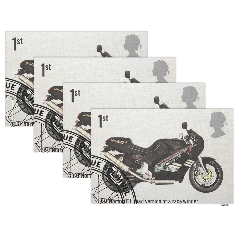 Swono Vintage Stamp Placemats Set of 4 - 12x18 Inch British Motorcycle Themed Oilproof Table Mats for Dining & Kitchen Decor | Perfect for Dinner Parties, Holiday Meals & Home Styling