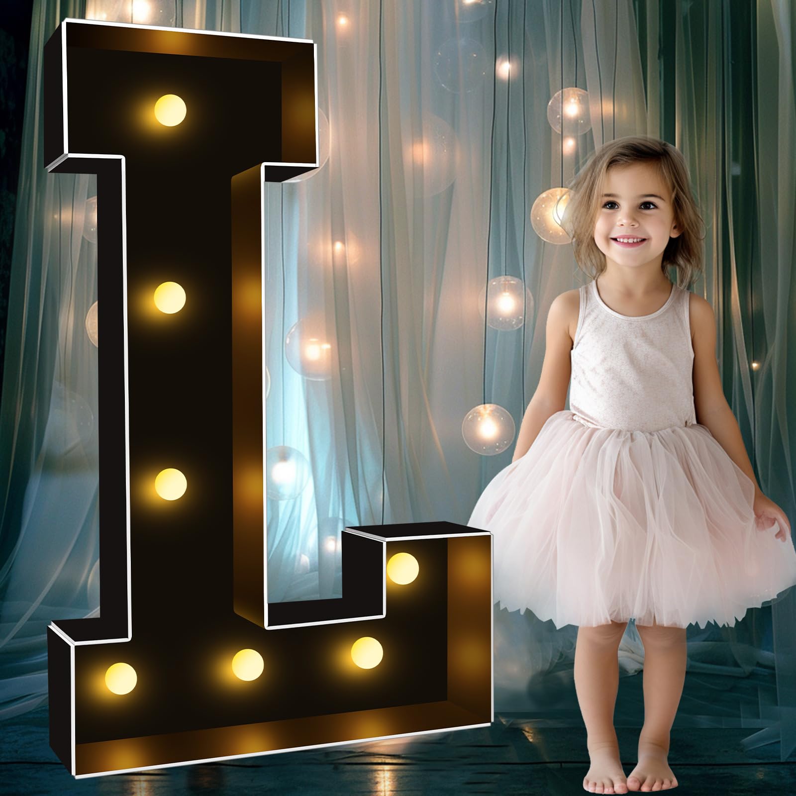 LED Light Up Letter L - 3FT Tall Black Marquee Sign for Party, Wedding, Baby Shower Decor - Large Illuminated Alphabet Letter for Home, Bar, Restaurant & Event Decorations