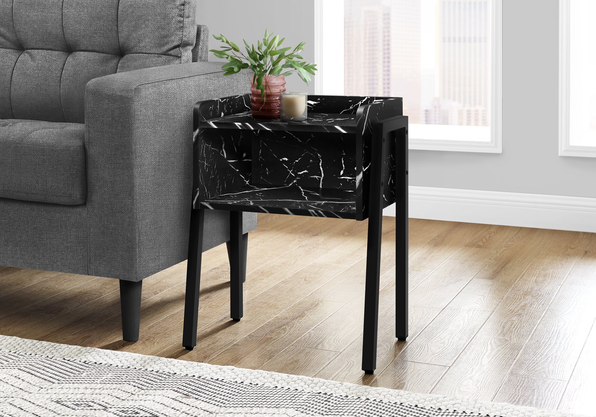 Elegant Black Marble Accent Table with Black Metal Frame - 23 Inches Height - Perfect for Living Room, Bedroom, or Entryway Decor