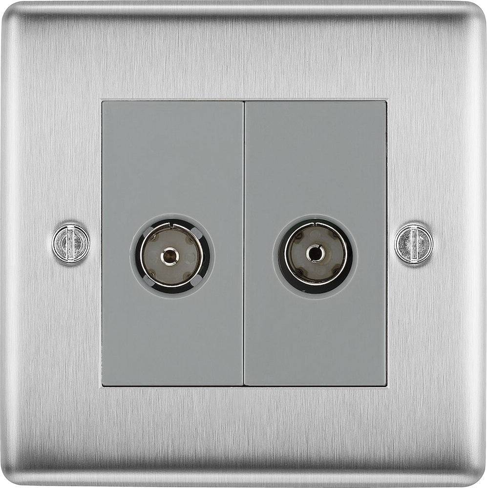 BG Nexus Metal Brushed Steel Double Coaxial Socket NBS61G - High-Quality Electrical Connector for Home Theater & Audio Systems Installation