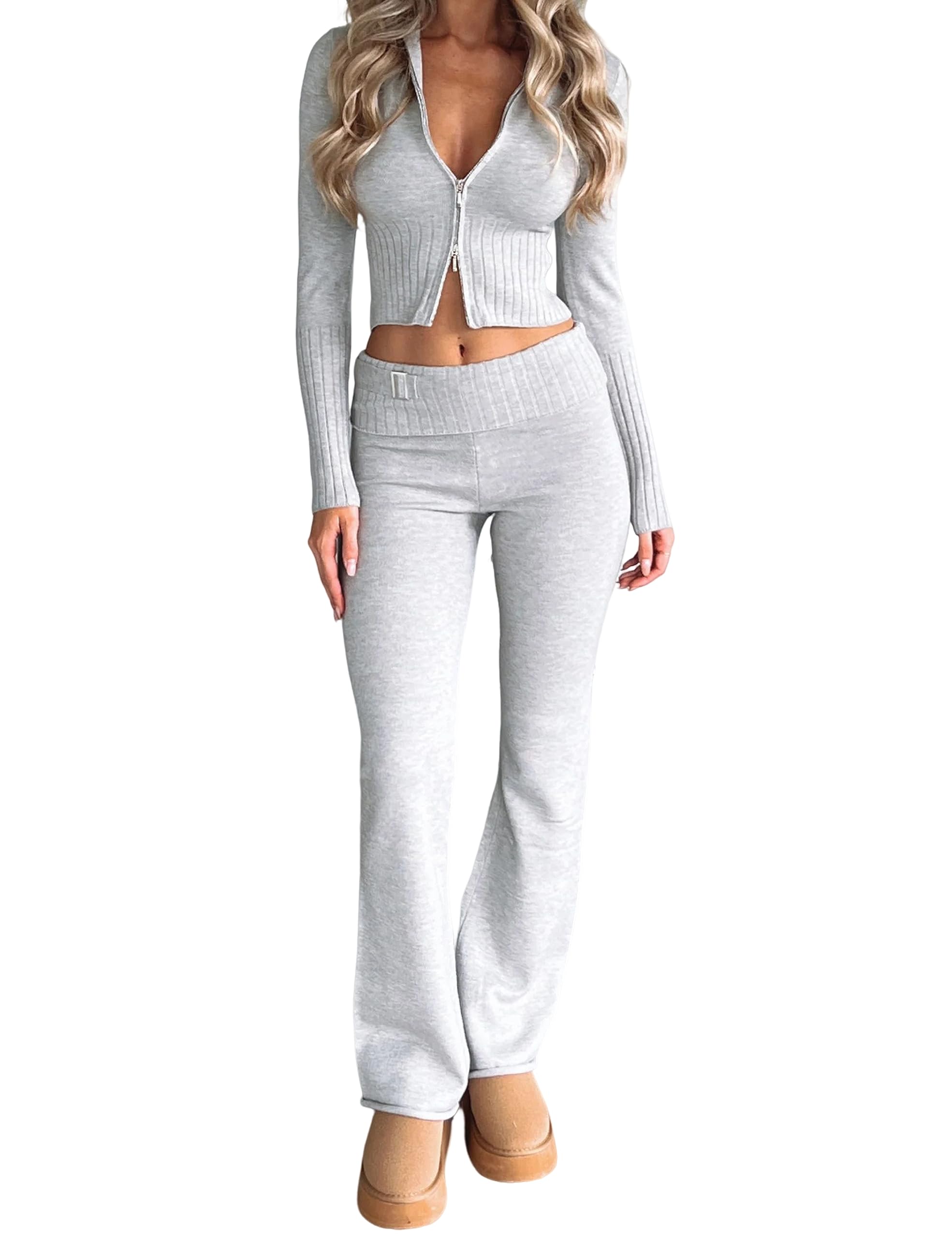 Springrain Women's 2-Piece Sweater Set - Ribbed Zip Hoodie & Knit Pants Lounge Outfit | Cozy Winter Loungewear for Home, Travel & Casual Wear