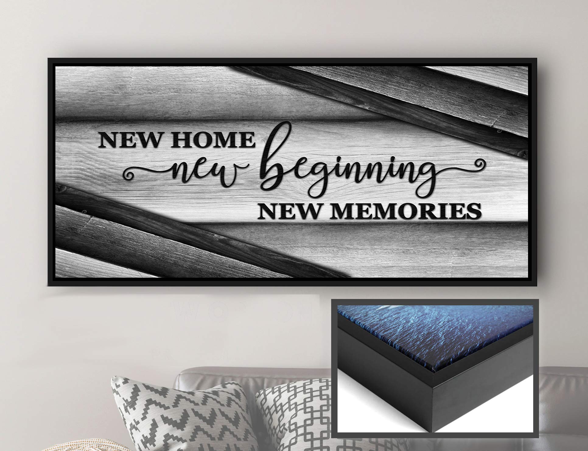 Wooden Framed Canvas Wall Art - Sense of Art New Home New Beginnings V15 - Housewarming Gift, Rustic Home Decor for Living Room, Religious & Farmhouse Style (Grey, 60x27 Inch Black Floating Frame) - Perfect for Wall Decor, Housewarming Parties & Cozy Home Interiors