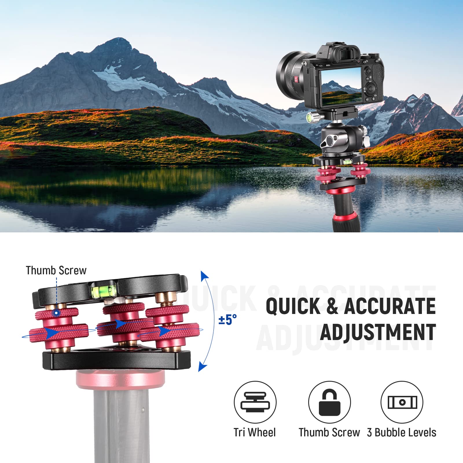 NEEWER 3-Axis Tripod Head Leveling Base - Aircraft Grade Aluminum Alloy, 3/8
