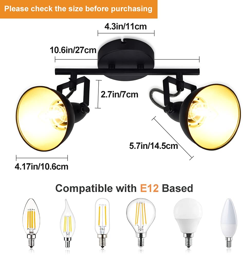 DLLT Industrial Track Light - Black Metal Retro Ceiling Track Lighting Fixture with 2 Adjustable Spotlights | Modern Wall Lighting for Kitchen, Bedroom, Dining Room, Office & Closet | Perfect for Accent Lighting and Task Lighting in Commercial & Residential Spaces