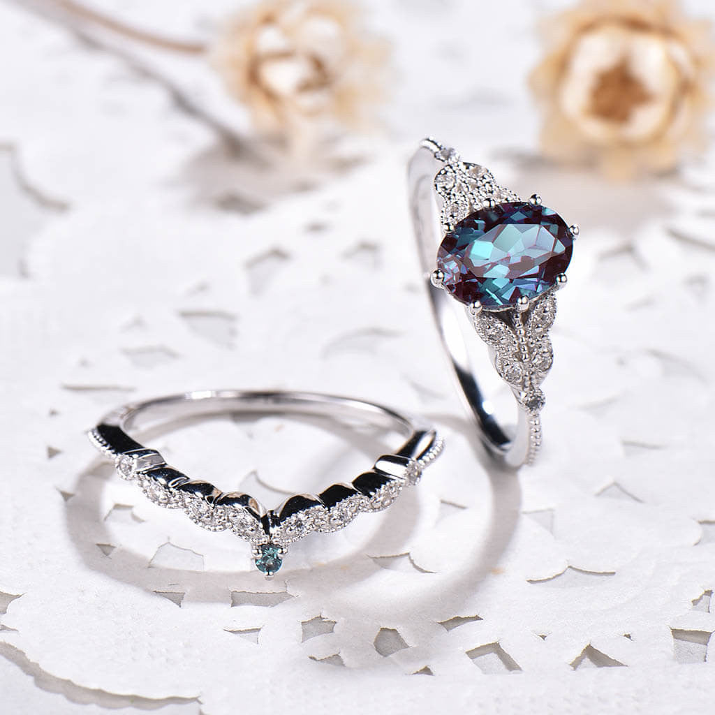 14K/18K Gold Oval Alexandrite Engagement Ring & Wedding Band Set - Nadia Marquise Micro Pave Bridal Jewelry for Proposals, Anniversaries & Special Occasions