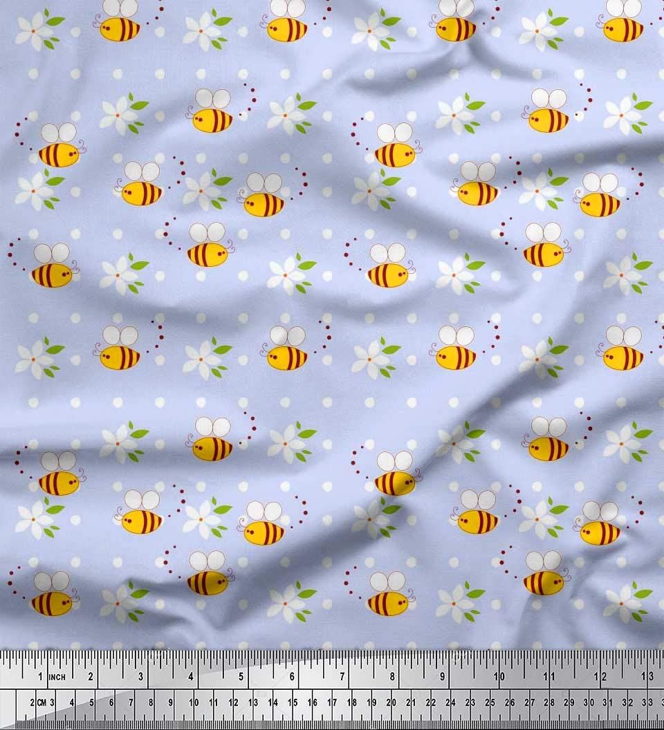 Soimoi Cotton Voile Fabric - Blue Floral Honey Bee Print - 42