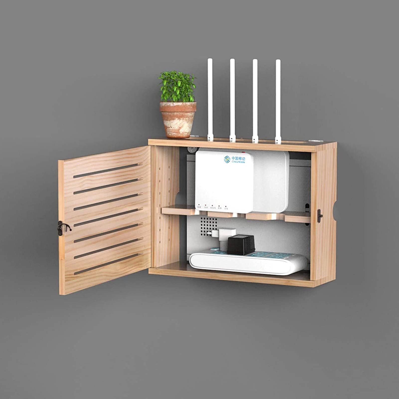 Wooden WiFi Router Shelf - Wall Mount Cable Management Storage Box for Internet Modem & Router (36cm) - Perfect for Home Office, Living Room & Bedroom Network Organization