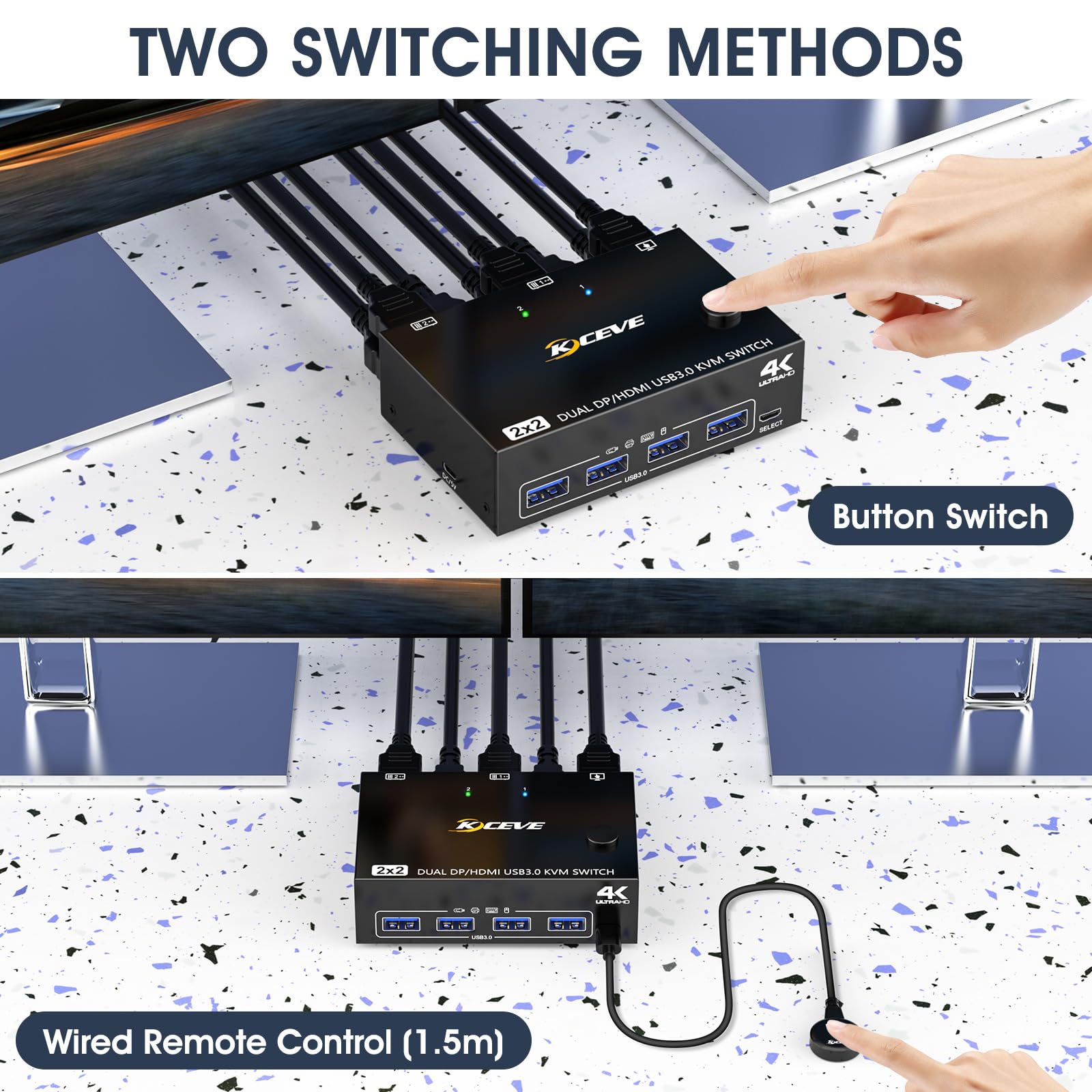 MLEEDA USB 3.0 Dual Monitor KVM Switch - 4K@60Hz HDMI & DisplayPort, 2K@120Hz, 2 Computers Control 2 Monitors with 4 USB 3.0 Ports - Includes Wired Remote & 4 Cables for Home Office, Gaming & Multi-Tasking Workstations