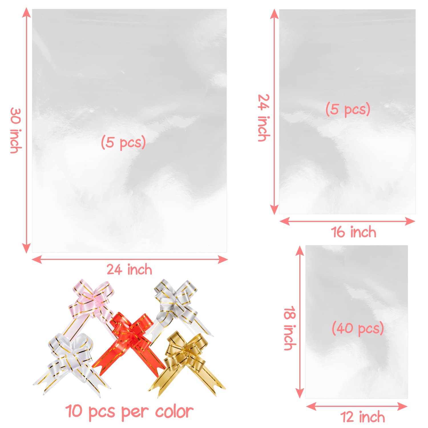 50pcs Clear Cellophane Gift Bags - 3 Sizes (12x18, 16x24, 24x30 inches) with 50 Pull Bows for Gift Wrapping, Party Favors, Wedding Favors & Holiday Packaging - Premium Plastic Packaging Bags for Candy, Cookies & Gift Baskets