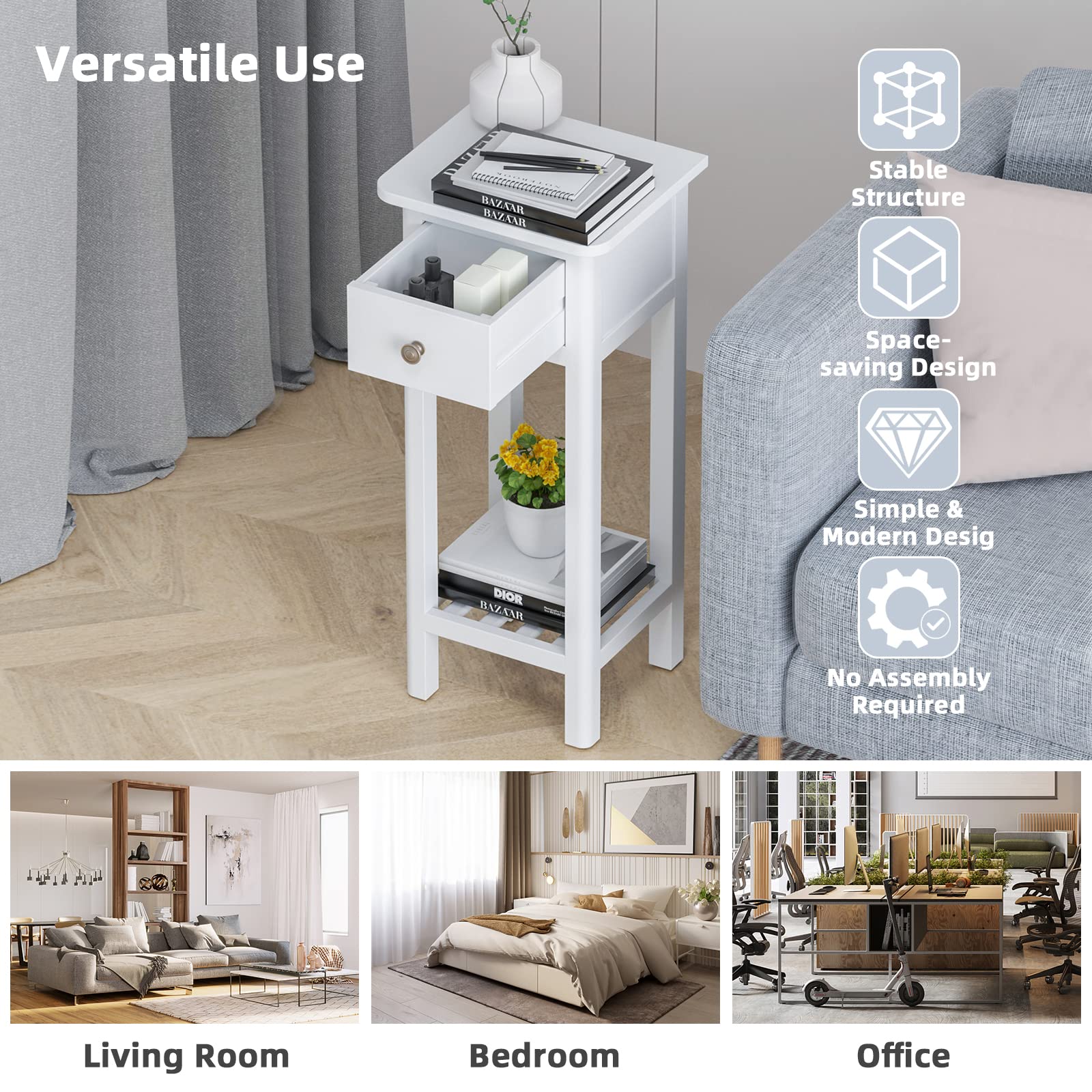Giantex Small Side Table Set of 2 - Narrow End Table with Drawer & Shelf for Small Spaces, Wood Slim Sofa Side Table, Farmhouse Nightstand Bedside Table - No Assembly Required, White - Perfect for Living Room, Bedroom & Apartment Decor