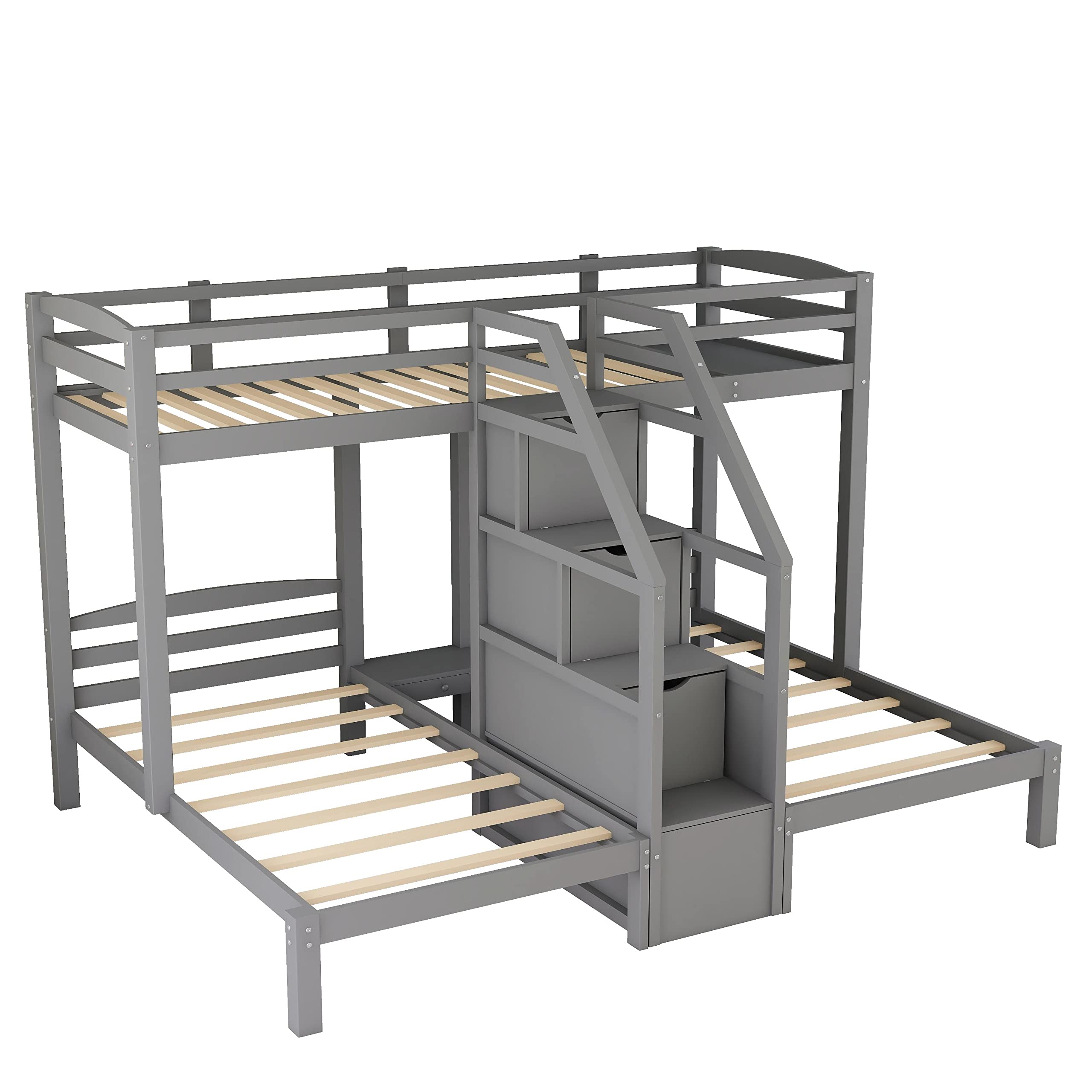 Harper & Bright Designs Triple Bunk Bed with Storage Staircase - Wood Twin Over Twin & Twin Bunk Bed Frame with Drawers & Shelves - 3-in-1 Space Saving Solution for Kids & Teens Bedroom - No Box Spring Needed (Grey) - Perfect for Small Rooms, Shared Kids' Bedrooms & Vacation Homes