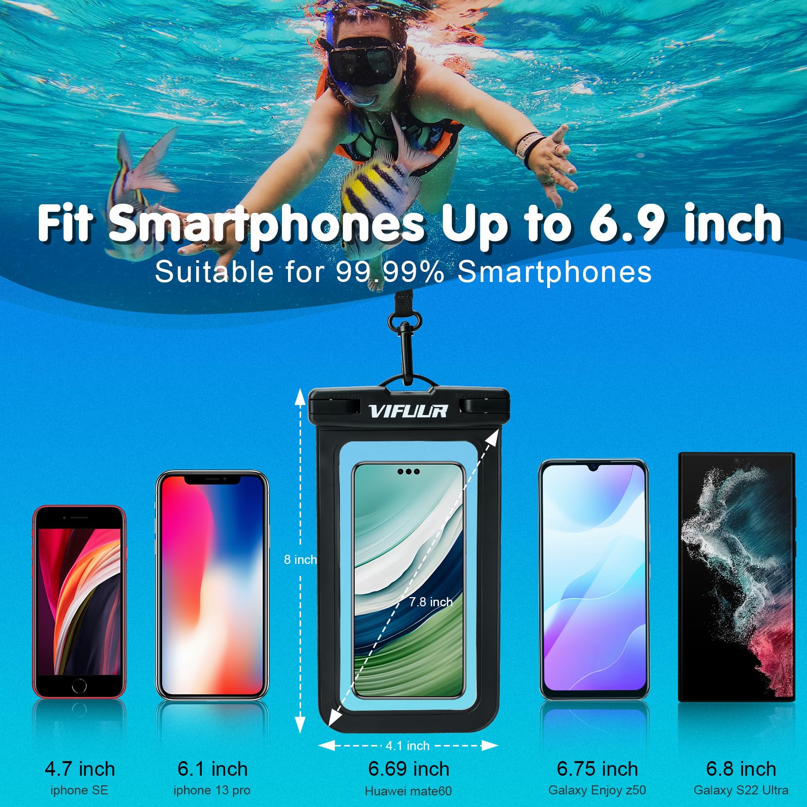 VIFUUR IPX8 Waterproof Phone Pouch - Universal Waterproof Dry Bag Case for iPhone 15 14 13 12 Pro Max XS Plus & Samsung Galaxy - Beach, Swimming, Diving, Kayaking, Boating - 2 Pack Black/Clear Phone Protector