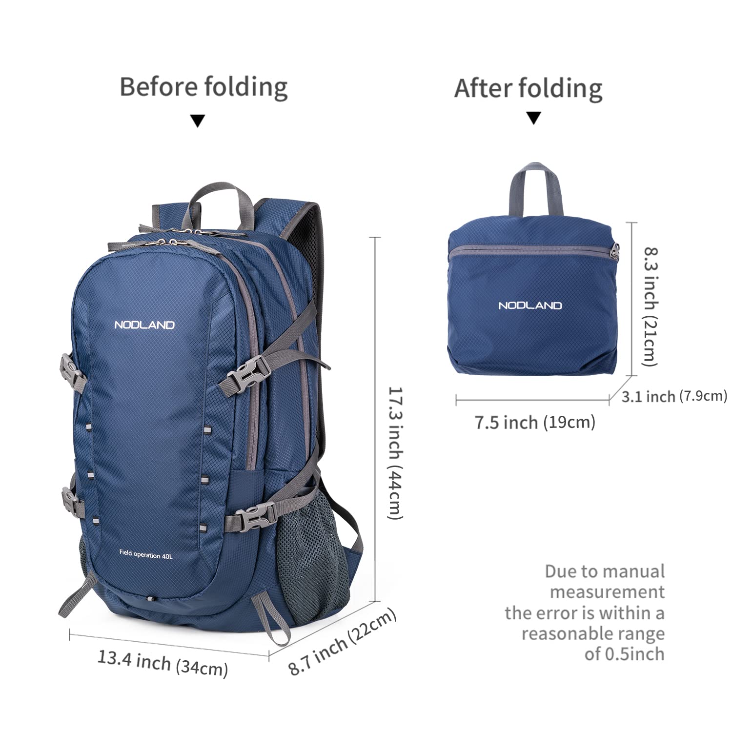 NODLAND 40L Lightweight Water-Resistant Foldable Backpack - Travel, Hiking, Camping, Outdoor Daypack for Men & Women - Perfect for Commuting, Weekend Trips & Adventure Travel