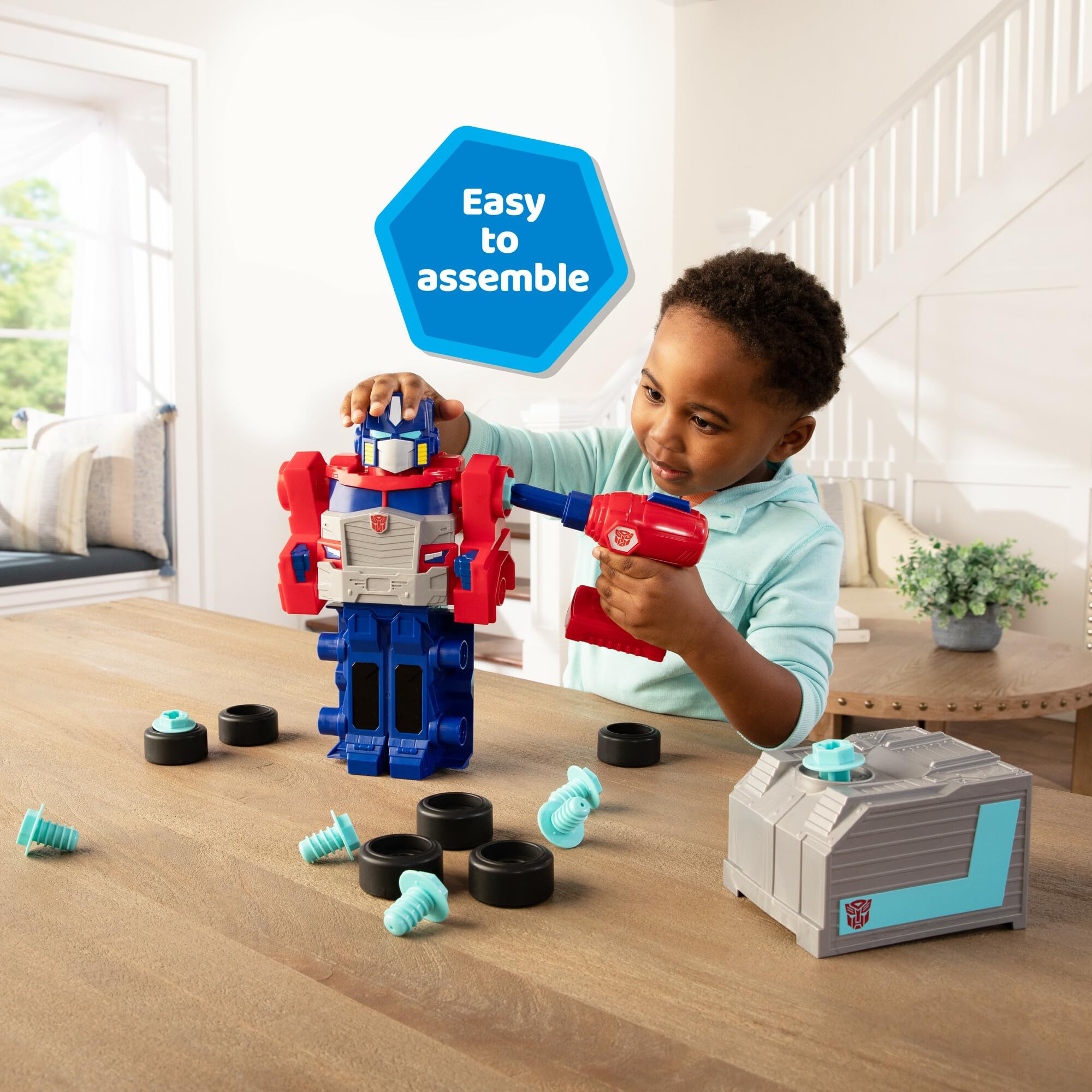 Optimus Prime Building Toys for Kids - STEM Educational Robot Construction Set with Electric Drill & AA Batteries - Transformers Action Figure for Boys & Girls Ages 18+ Months - Perfect for Birthday Gifts & Creative Playtime