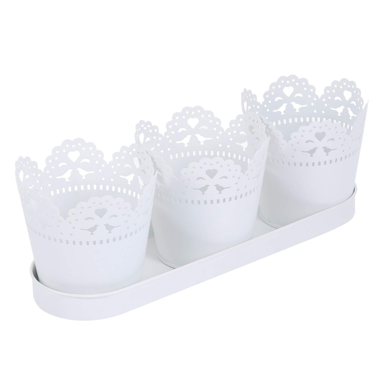 YARDWE 3-Piece Iron Hollow Flower Bucket Vase Set - Wrought Iron Metal Planter with Tray for Home & Garden Decor - Perfect for Desktop, Patio, and Wedding Centerpieces