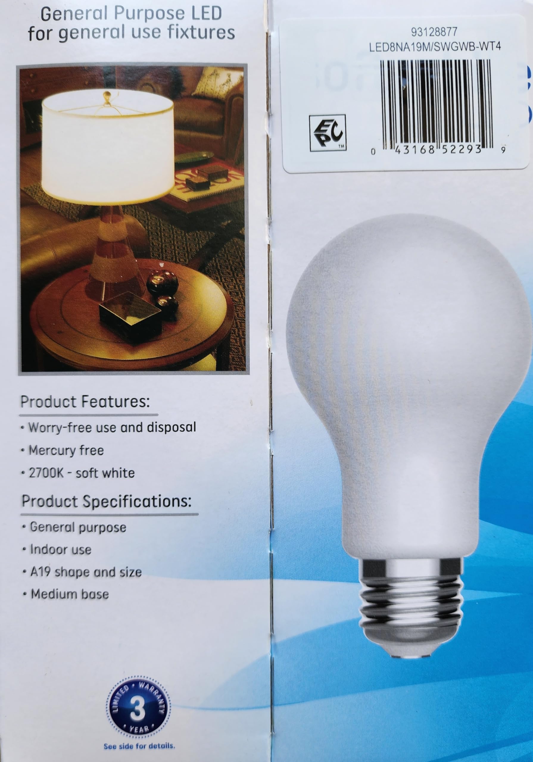 GE LED A19 Light Bulb 60W Equivalent, Soft White 2700K, Non-Dimmable, Energy Efficient, 4-Pack - Perfect for Bedroom, Living Room, and Office Lighting