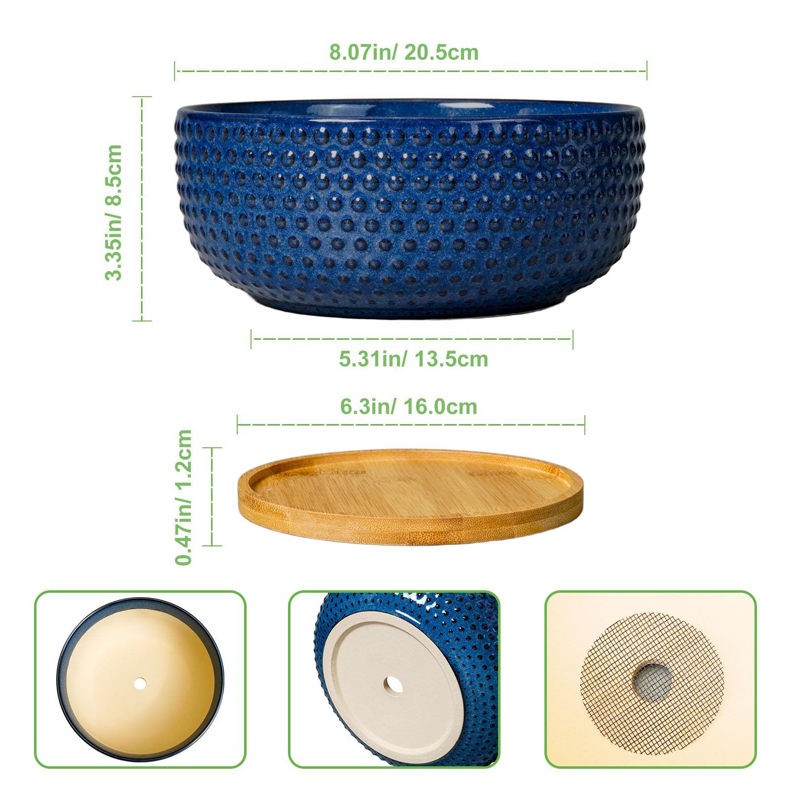 8 Inch Ceramic Bonsai Pots with Drainage Hole & Saucer - Modern Round Planter for Succulent Plants, Bonsai Trees, Indoor House Decor - Perfect Gift for Women & Men (Blue) - Ideal for Home, Office, and Garden Decorations