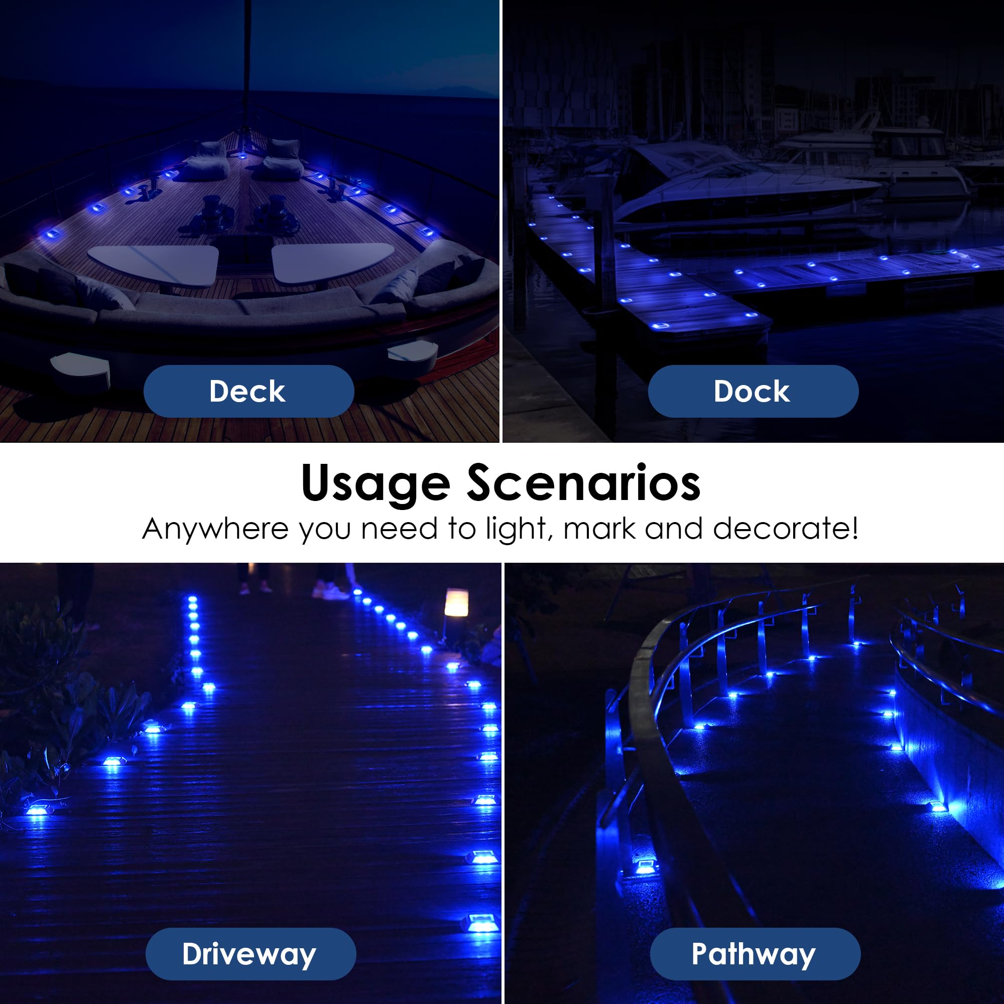 12-Pack Solar Driveway Lights - 4 LED IP68 Waterproof Marine Solar Dock Lights | Solar Powered Safety Markers for Pathway, Sidewalk, Garden, Stair & Deck | Auto Dusk to Dawn (Blue) | Perfect for Outdoor Lighting, Landscape Decoration & Nighttime Safety