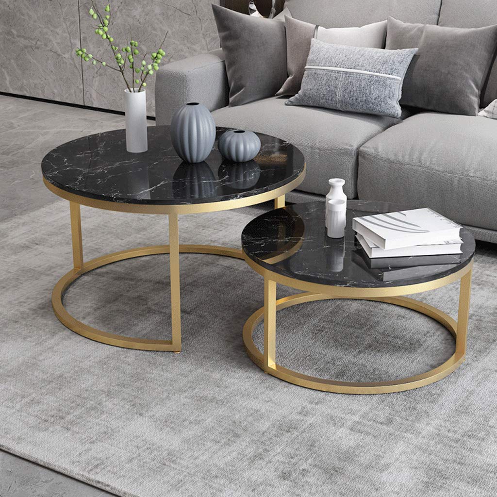 NMDCDH Round Coffee Table Set of 2 - Black Marble Top & Gold Base - Perfect for Small Spaces Living Room, Office, Bedroom