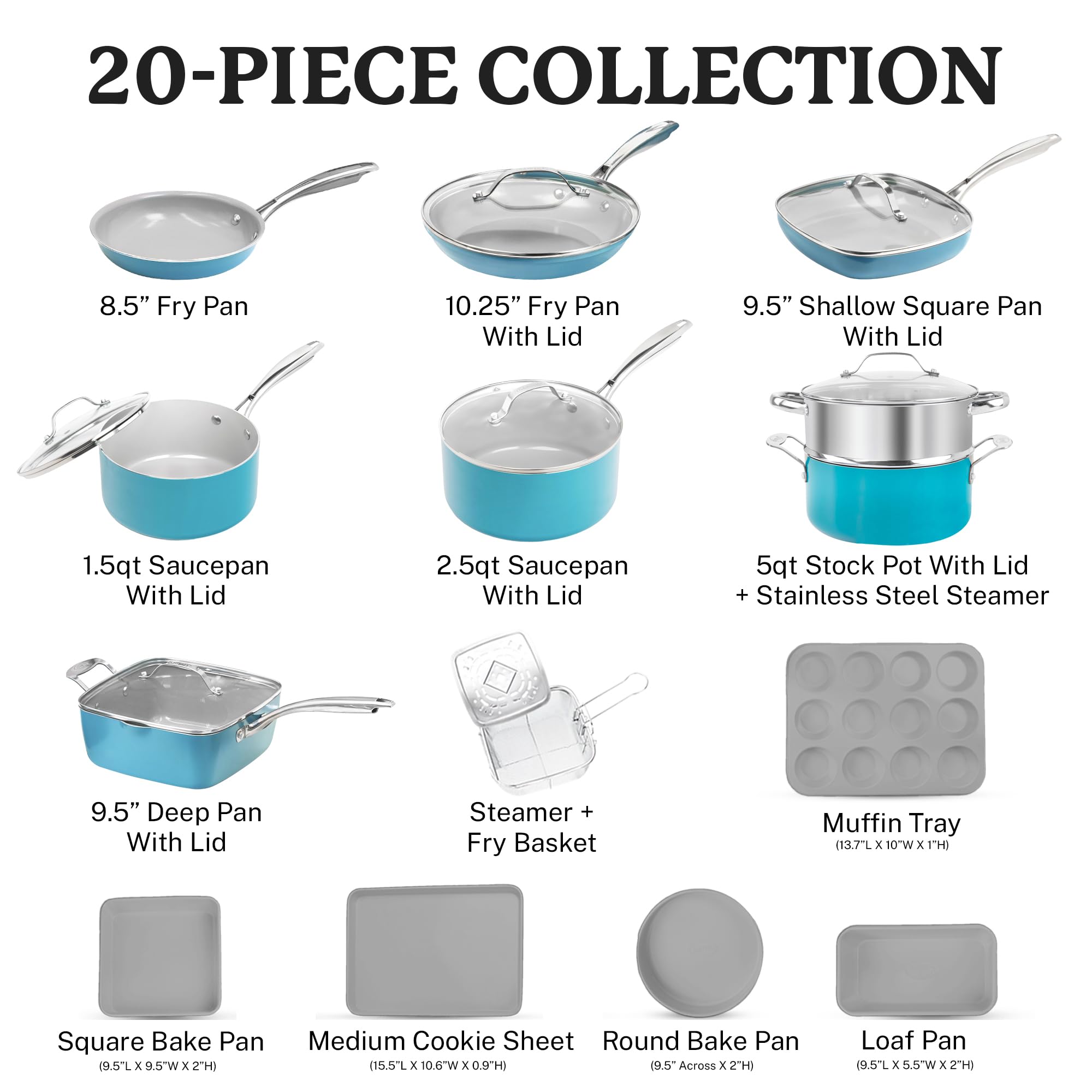Gotham Steel 20-Piece Nonstick Ceramic Cookware Set - Pots & Pans with Stay-Cool Handles, Dishwasher Safe, Aqua Blue - Perfect for Home Cooking, Baking & Family Meals