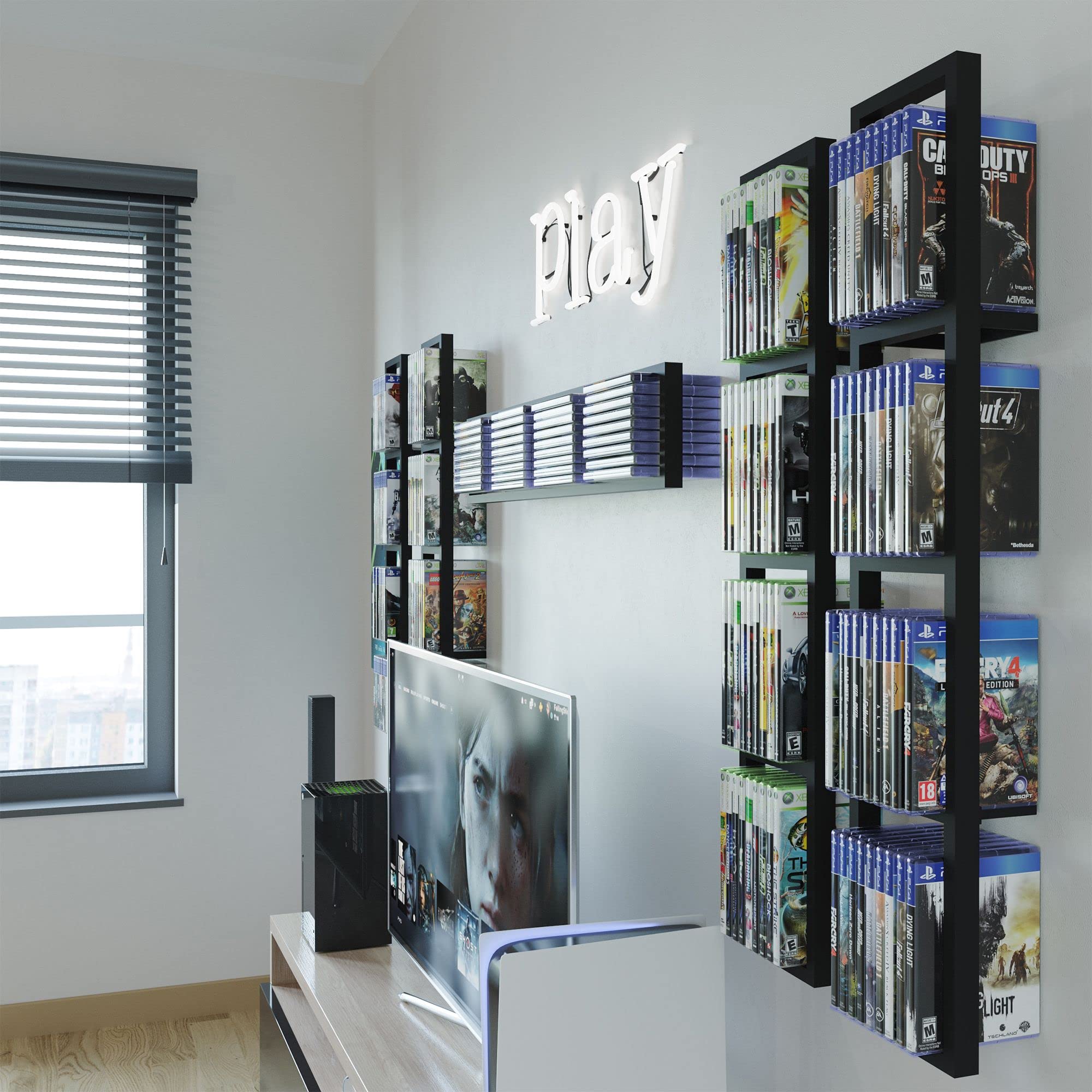 Space Black Floating Shelves for Wall - 34 Inch Set of 5, Modern Video Game & DVD Storage Shelves, Cube Organizer for Living Room, Bedroom, and Office Decor