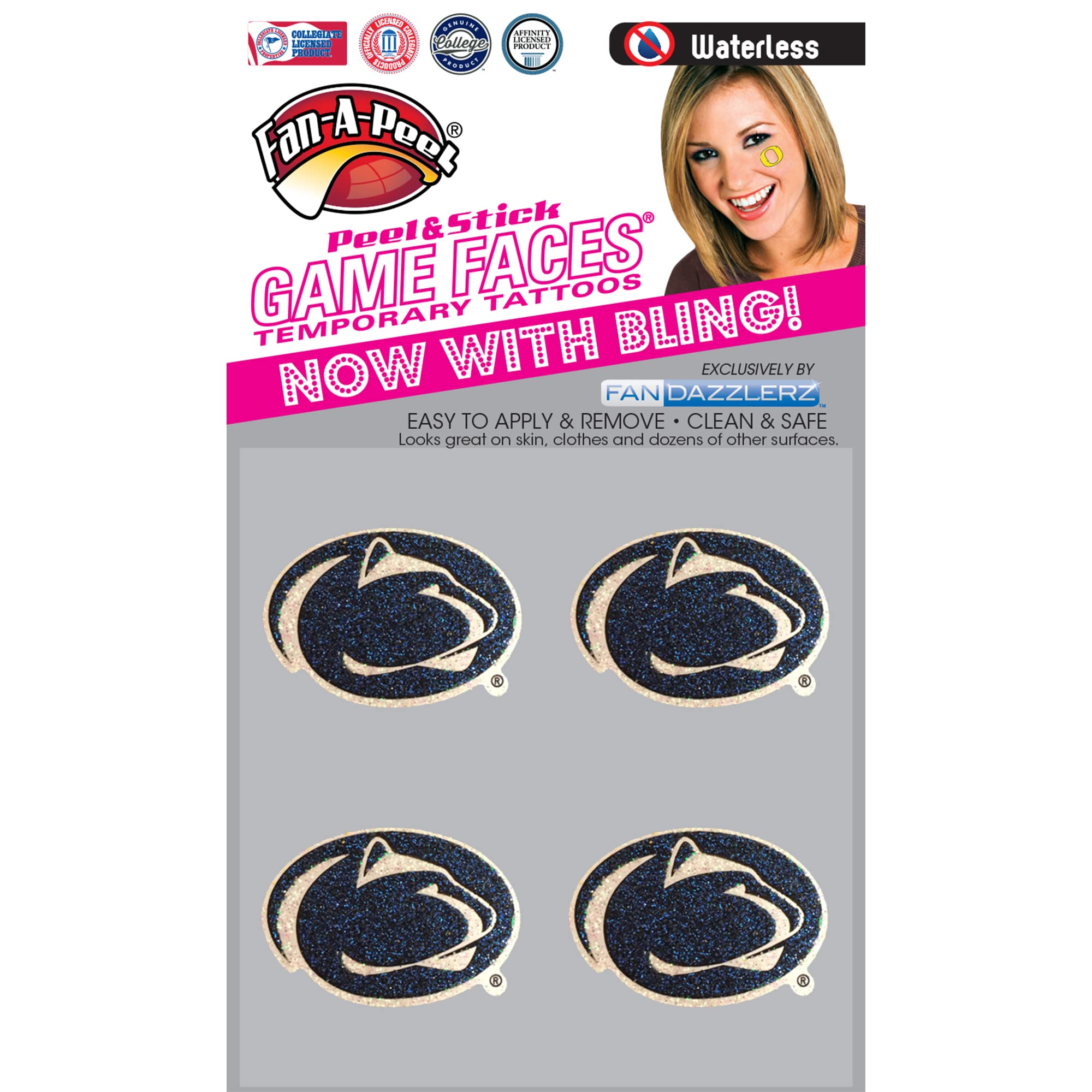Penn State Waterless Temporary Tattoos - Hypoallergenic Peel & Stick Waterproof Fake Tattoos with Glitter for Kids, Adults, Parties & Costume Events