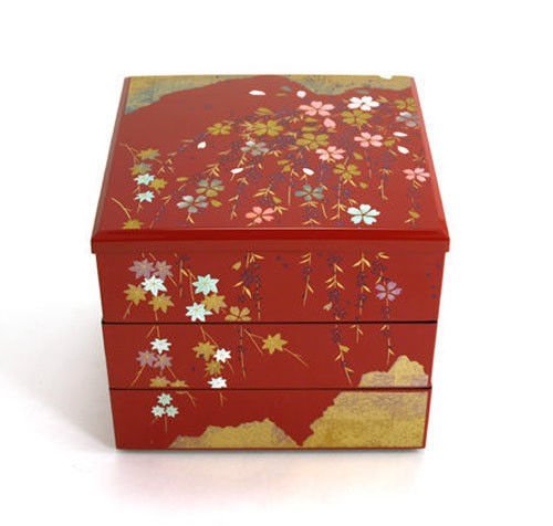 Japanese Red Lacquer 3-Tier Sakura Bento Box - Stackable Lunch Box for Candy, Sushi & Meal Prep - Perfect for Picnics, Parties & Japanese Cuisine Presentation