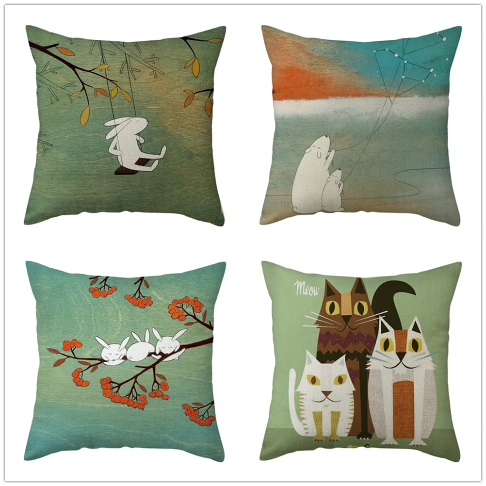 Set of 4 32x32 Inch Cotton Linen Square Pillow Covers with Zipper - Soft Decorative Throw Pillow Cases for Couch, Sofa, Living Room & Bedroom - Cartoon Animal Design | Perfect for Home Decor, Cozy Reading Nooks & Guest Room Accents