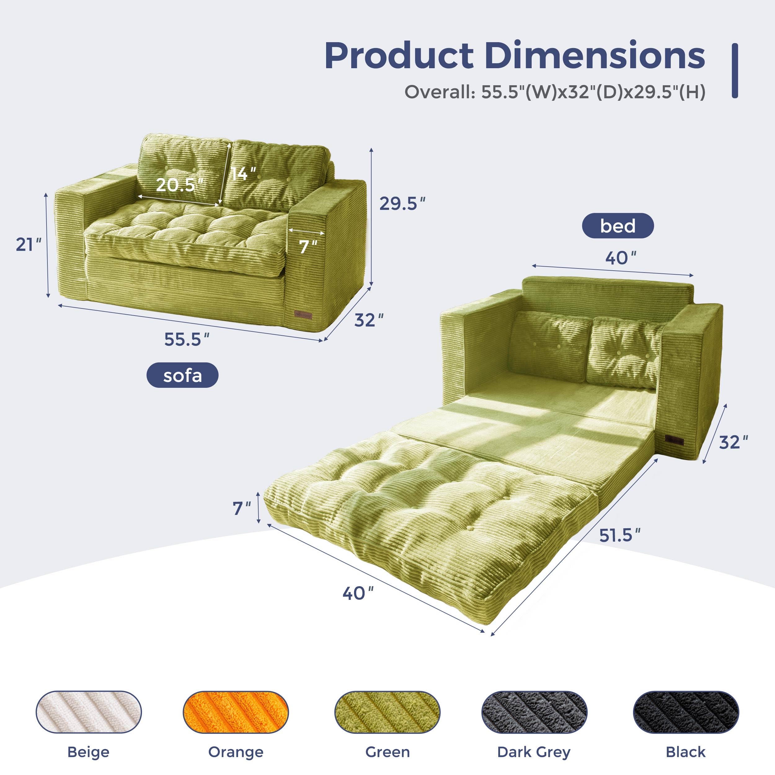 MAXYOYO 2-in-1 Convertible Sofa Bed - Foldable Couch Bed for Living Room & Guest Room, Green | Space-Saving Sleeper Sofa for Small Apartments & Home Office