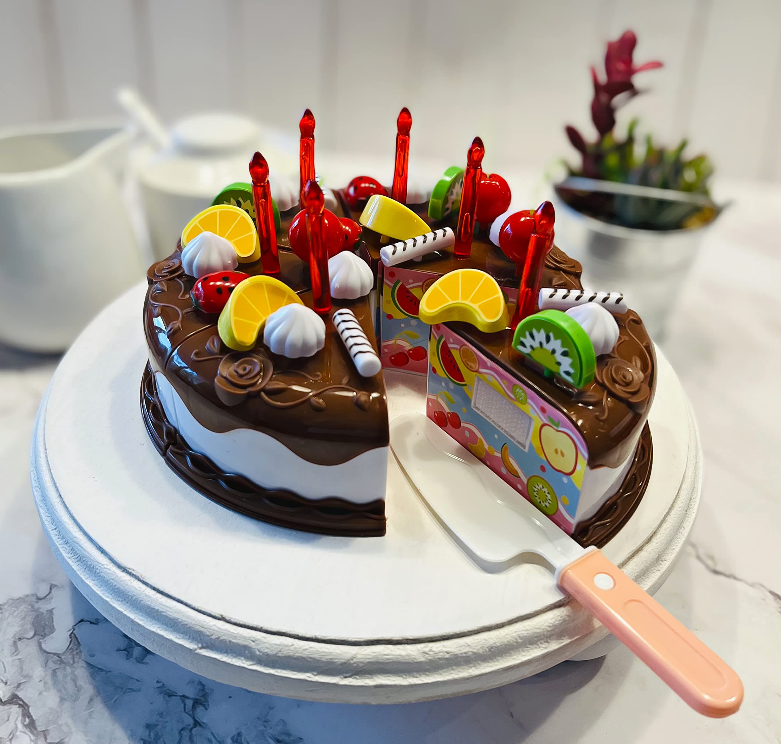 Fake Birthday Cake Decor - Realistic Chocolate Fruit & Candles Cake for Party Table Centerpiece | Wedding, Baby Shower & Birthday Party Decoration