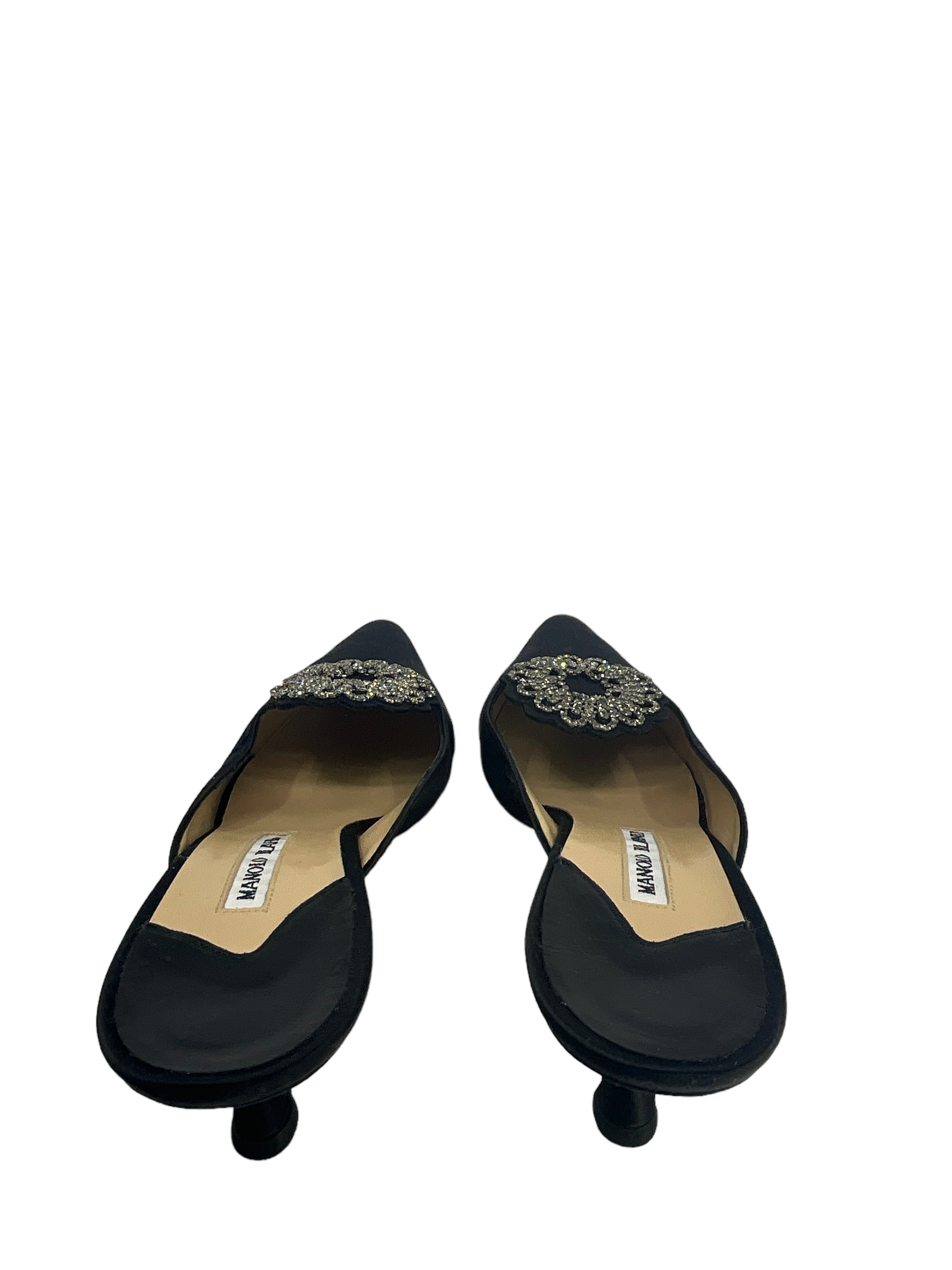 Manolo Blahnik Women's Crystal Embellished Satin Mules Size 11 - Elegant High Heel Slides for Weddings, Parties & Special Occasions