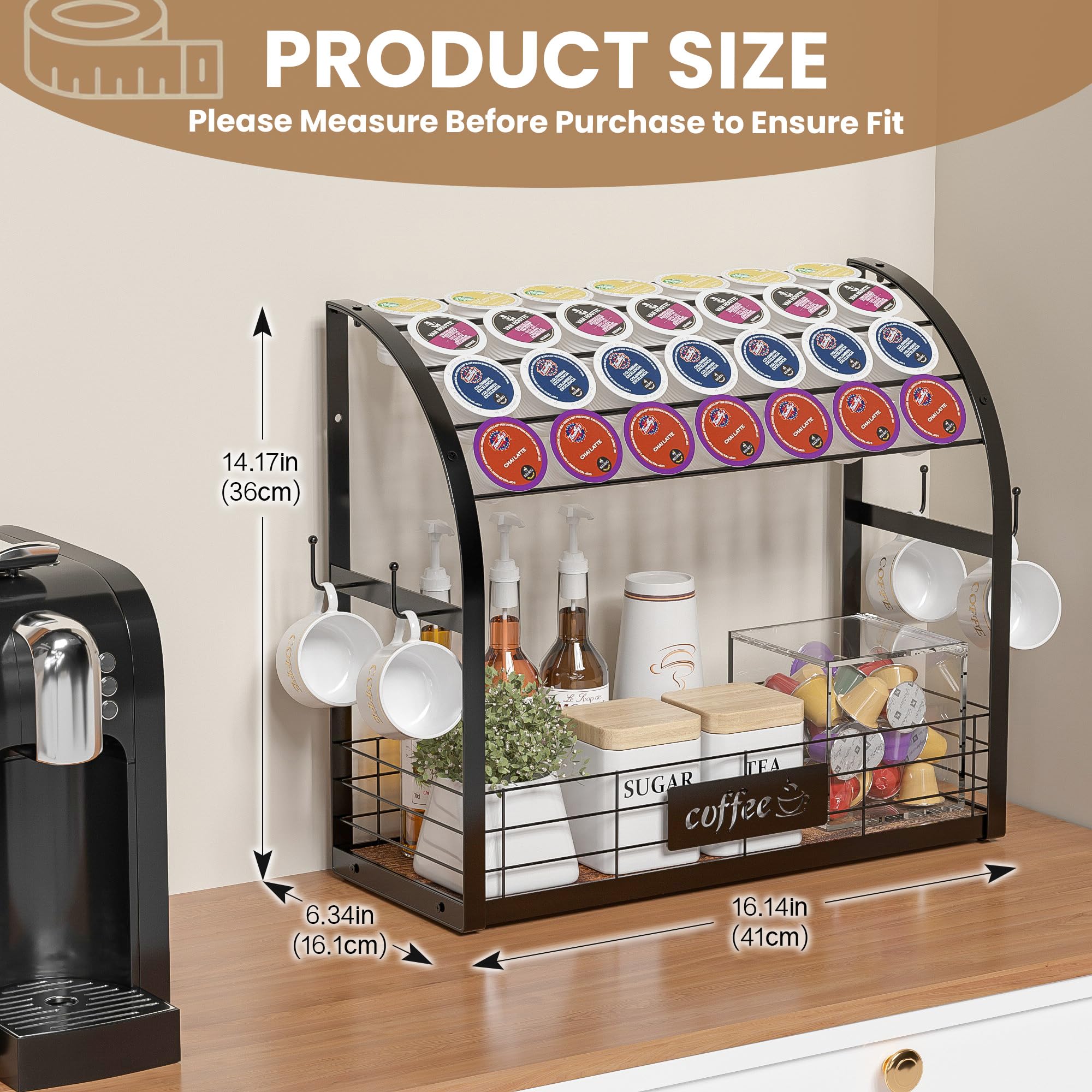 2-Tier Metal K Cup Holder with 4 Coffee Mug Hooks - Multi-Functional Coffee Station Organizer for Countertop, Wooden K Cup Tray - Perfect for Home Kitchen, Office Coffee Bar & Small Space Organization (Black)